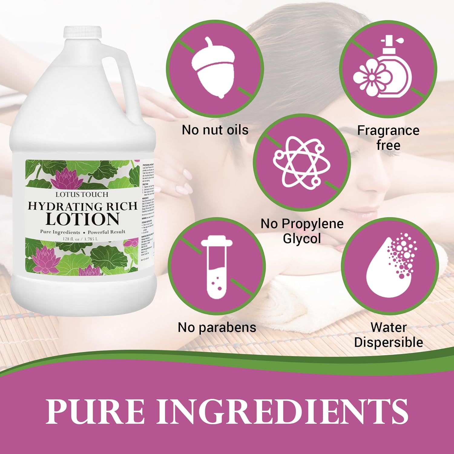 Lotus Touch Hydrating Rich Massage Lotion 100% Pure Jojoba & Coconut Oils plus Herbal Extracts - Unscented - Max Glide, Rich Workability Without Stickiness - Deep Tissue Massage - 1 Gallon