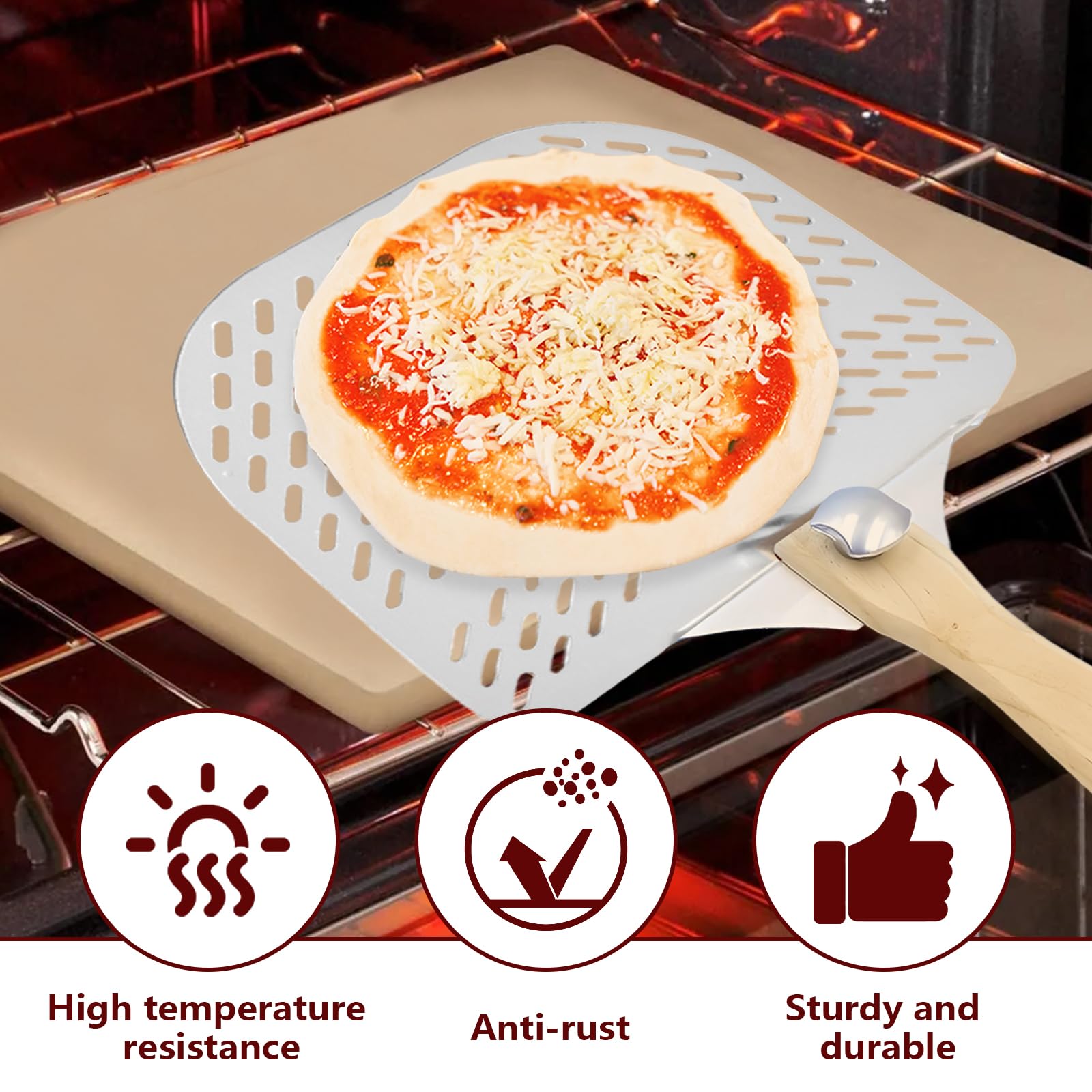 Pelle a Pizza, Pelle à Pizza Perforée en Aluminium, Pelle à Pizzaiolo en Acier Inoxydable avec Poignée Amovible, Pelle à Pizza Avec en Bois Pliable pour Cuisson de Pizzas, Pain