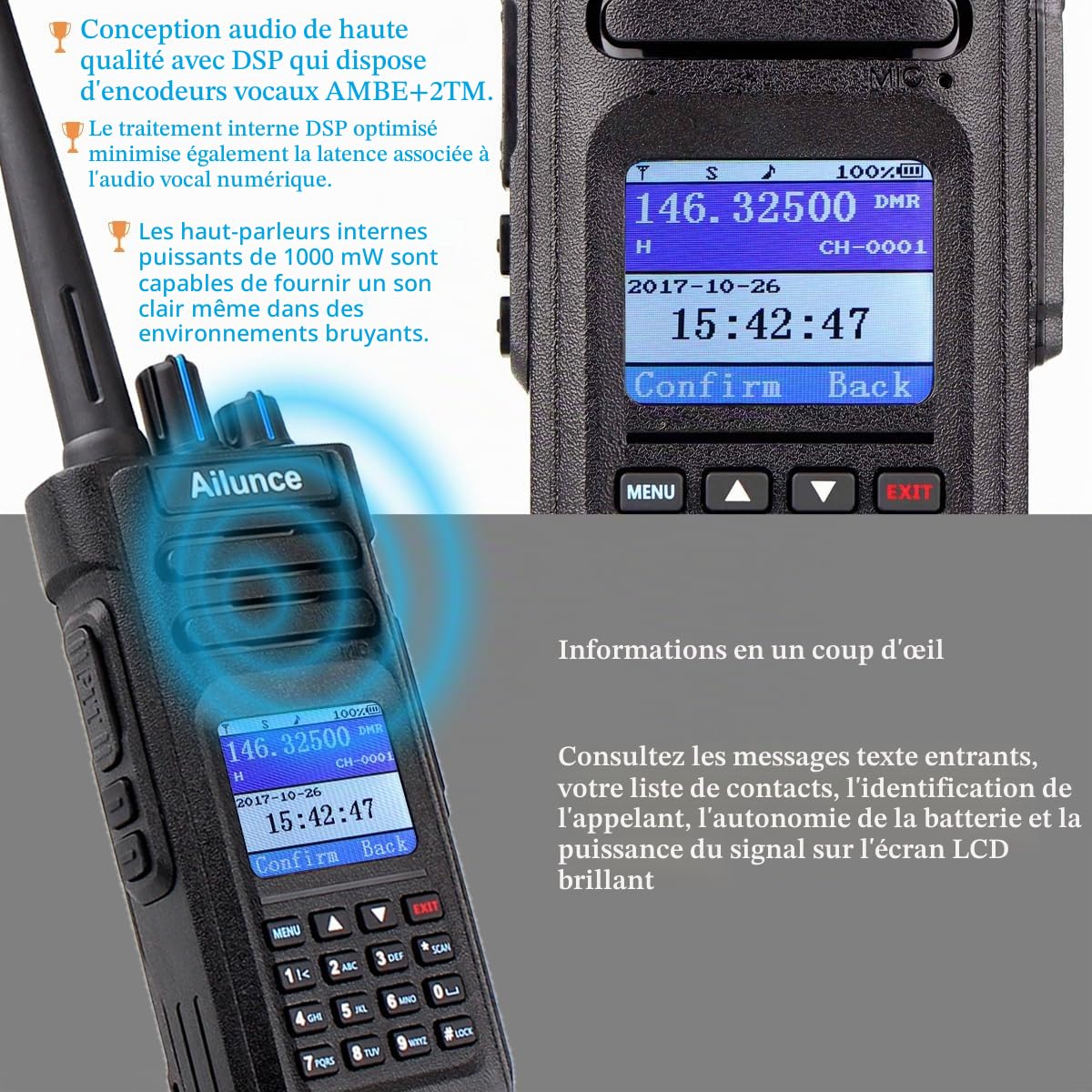 Retevis Ailunce HD1 10W DMR Radio Amateur, GPS, Double Bande, Walkie Talkie Numérique Bidirectionnelle, Batterie de Type C 3200 mAh, Etanche IP67, Compatible avec Radio Amateur (1 Pièce, Noir)