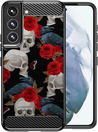 CasesOnDeck Slim TPU Case Compatible with Samsung Galaxy S22 / S22 6.1" Screen Case [Flex Carbon] Single Layer Black Flexible TPU Case with Carbon Fiber Accents - Red Rose Skull