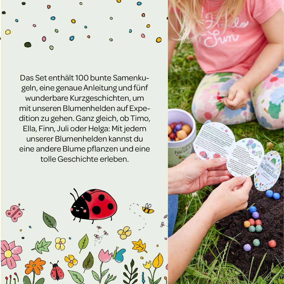 Lot de 100 billes de fleurs colorées « Mon aventure naturelle », bombes à graines roulées à la main, colorées, parfaites pour les anniversaires d'enfants, cadeau pour enfants, 100 % écologique et