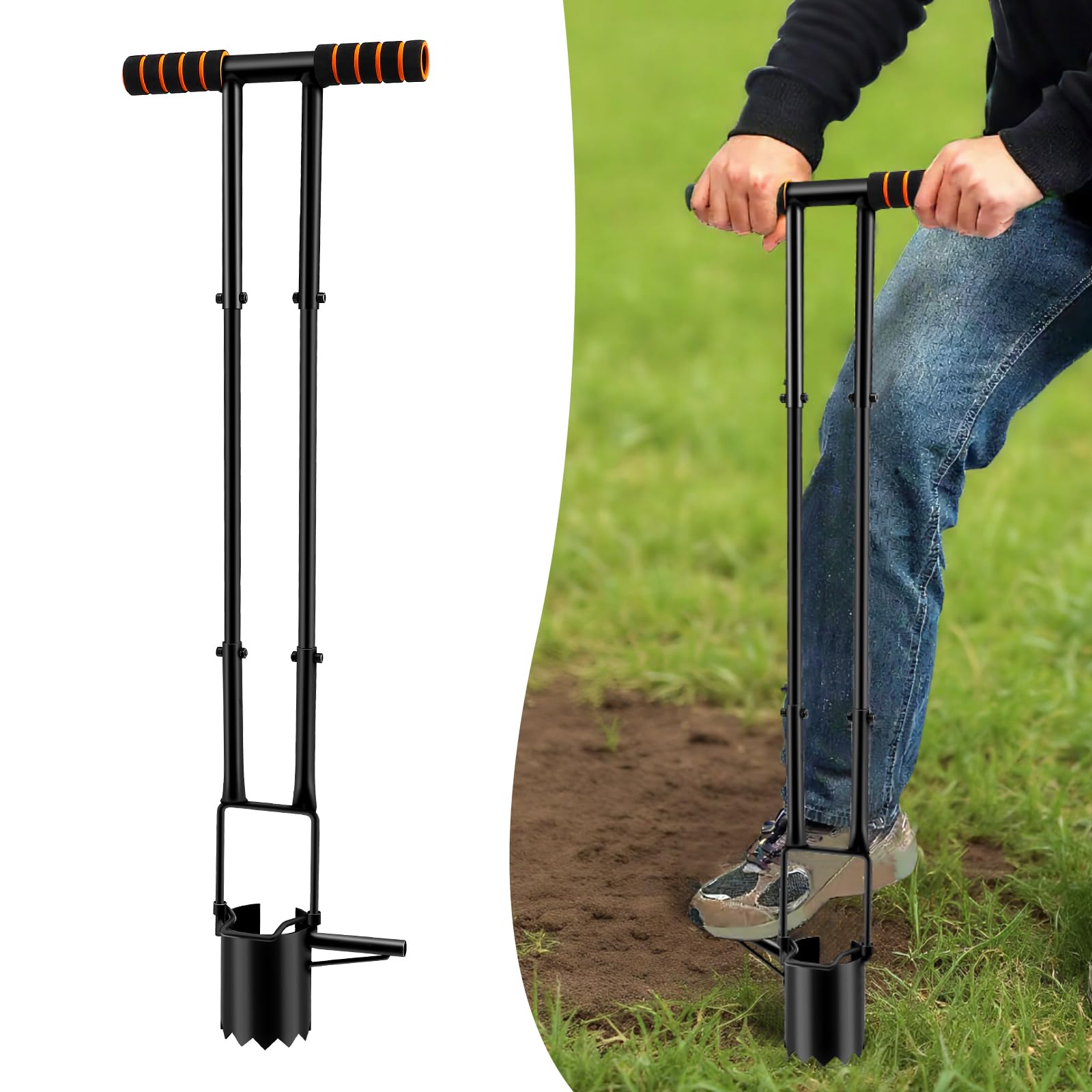 5 en 1 Griffe de Jardin avec Manche avec repose-pieds coulissant pour pousser facilement le sol, transplanter des fleurs,échantillonner de terre, transplanter, plantes à fleurs