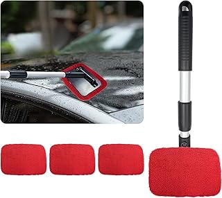 Ziciner Car Windshield Cleaner, Microfiber Auto Cleaning Wiper with Aluminum Extendable Handle and 2 Washable Reusable Cloth Pad Head, Universal Vehicle Interior Exterior Cleaner Kit (Red-Rectangle)