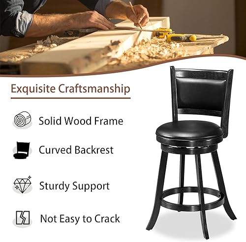 Miniatura 5 de ERGOMASTER Taburetes de bar giratorios de 24 pulgadas con respaldo, madera de caucho, negro, juego de 2