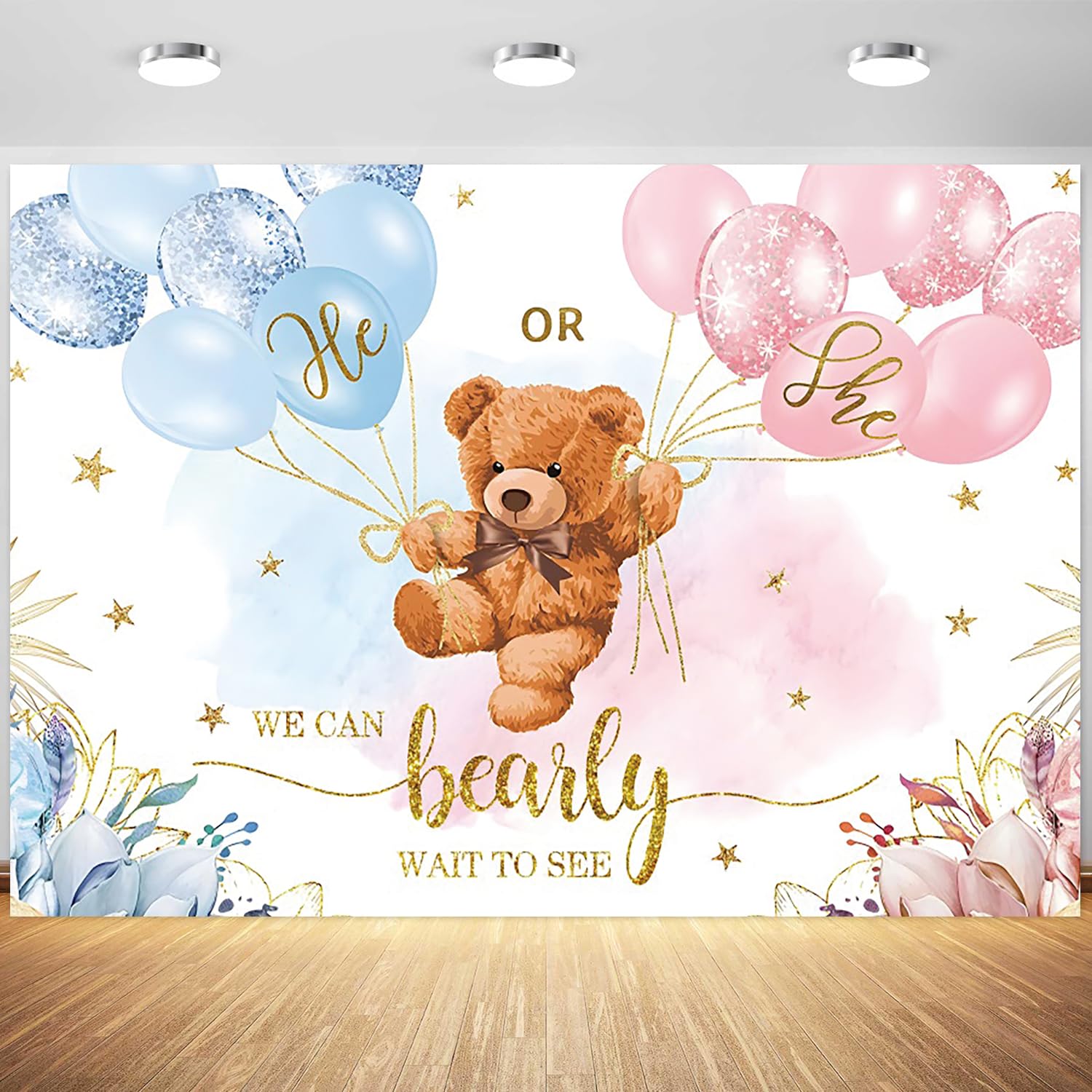 9x6ft Gender Reveal Backdrop Baby Bear Boy or Girl Photography Background Baby Shower Party Blue and Pink Banner Decorations Supplies Photo Booth