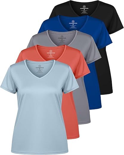 Real Essentials 5 Pack: Women’s Short Sleeve V-Neck Activewear T-Shirt Dry-Fit Wicking Yoga Top (Available in Plus)
