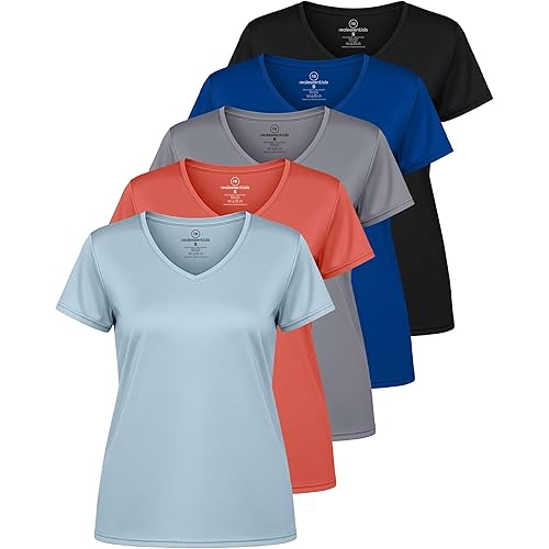 Real Essentials 5 Pack: Women's Dry Fit Short Sleeve V Neck Workout Top - Fitness Gym Athletic Yoga T-Shirt (Plus Available)
