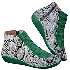 Womens Vintage Leopard Print Ankle Boots Arch Support No Heel Lace Up Wedge Short Booties Fashion Leather Side
