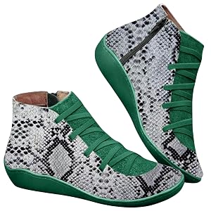 Womens Vintage Leopard Print Ankle Boots Arch Support No Heel Lace Up Wedge Short Booties Fashion Leather Side