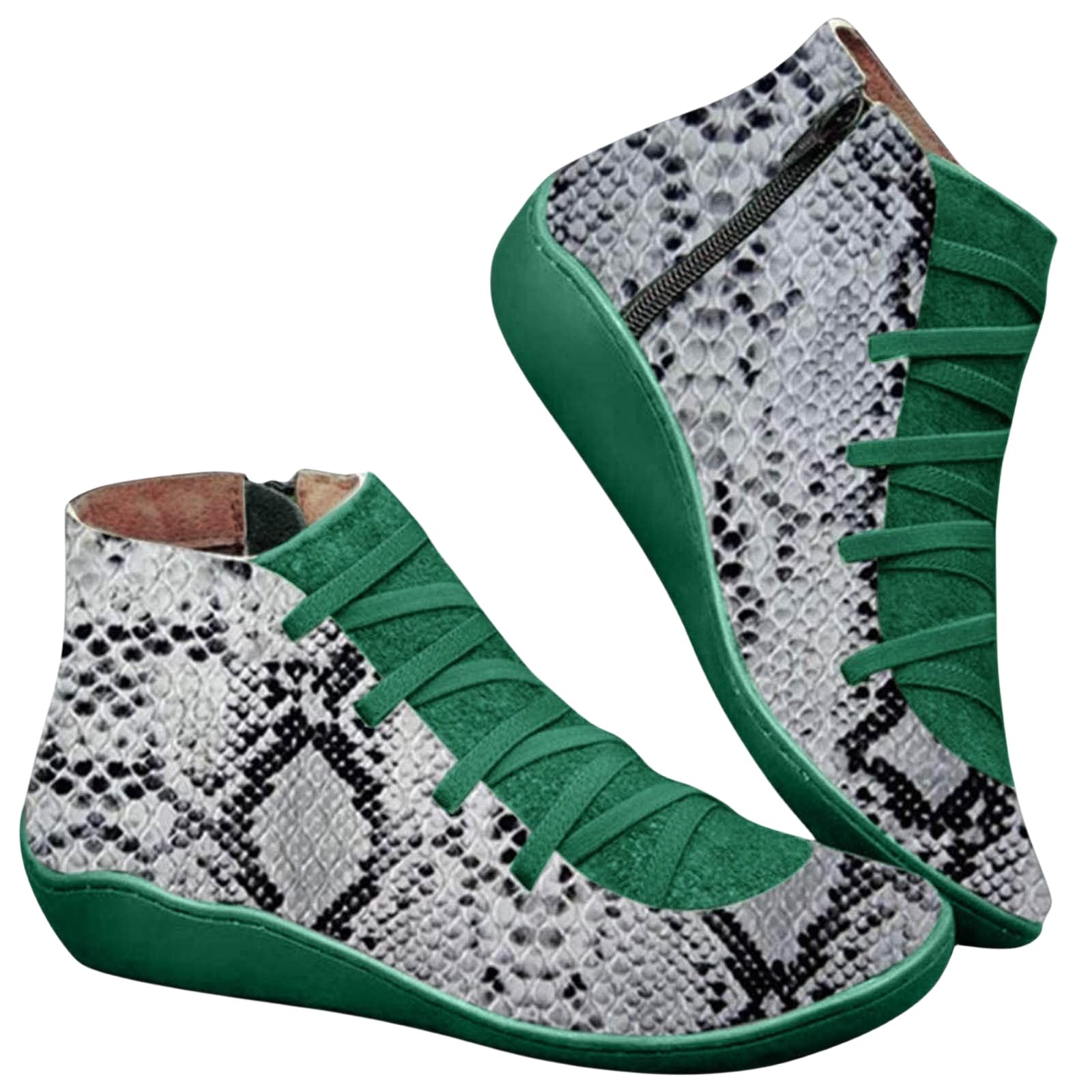 Womens Vintage Leopard Print Ankle Boots Arch Support No Heel Lace Up Wedge Short Booties Fashion Leather Side