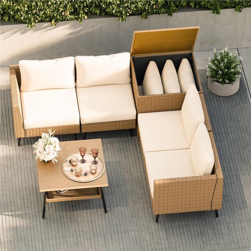 6 Pieces Outdoor Patio Furniture Sets Rattan Conversation Sectional Set with Cushions and Storage Box Patio Sofa with Table for Backyard Porch Balcony