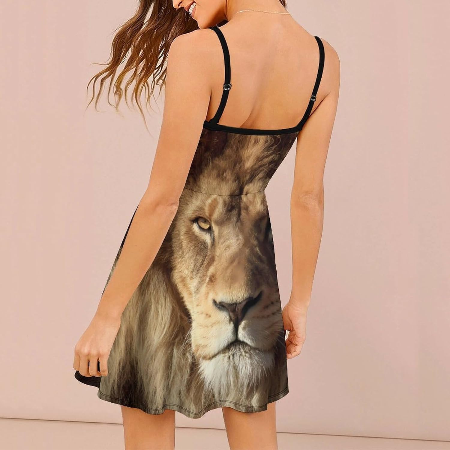 Lion Short Cami Dress for Women Adjustable Spaghetti Strap Flowy Sundress Beach Vacation