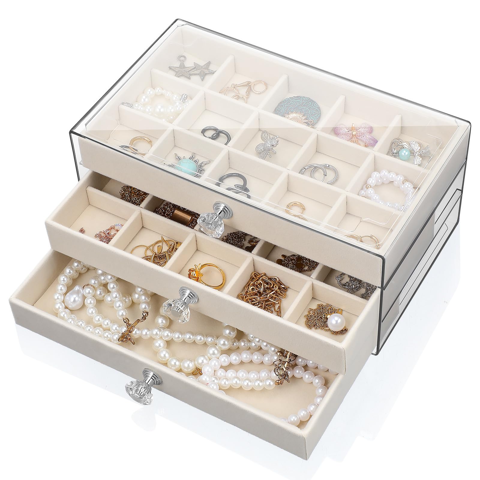 Boîte à bijoux haut de gamme multi-couches beige en plastique et velours 45 compartiments