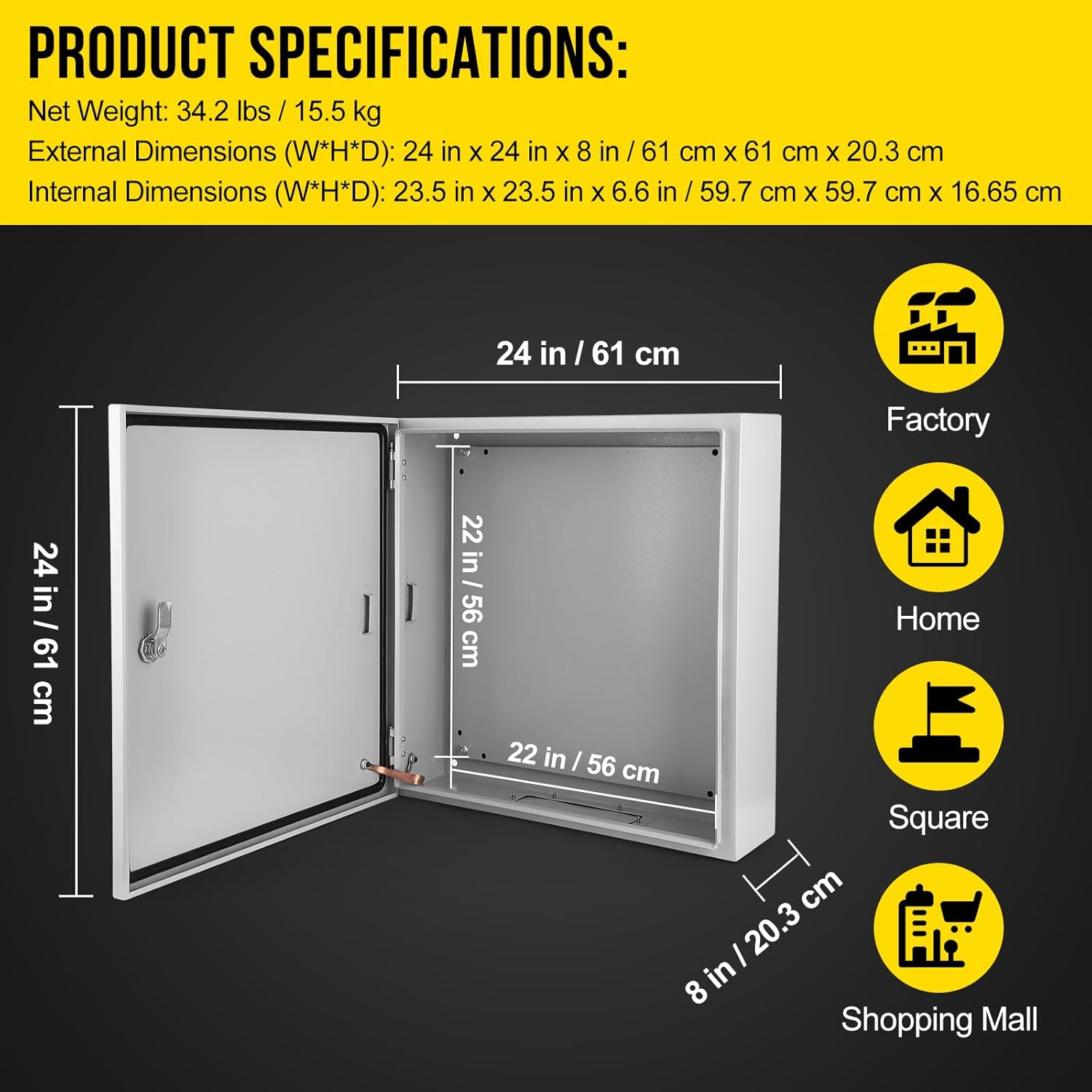 Outdoor NEMA Steel Enclosure, 24x24x8 NEMA 4X Steel Electrical Box, IP66 Waterproof & Dustproof, Outdoor/Indoor Electrical Junction Box