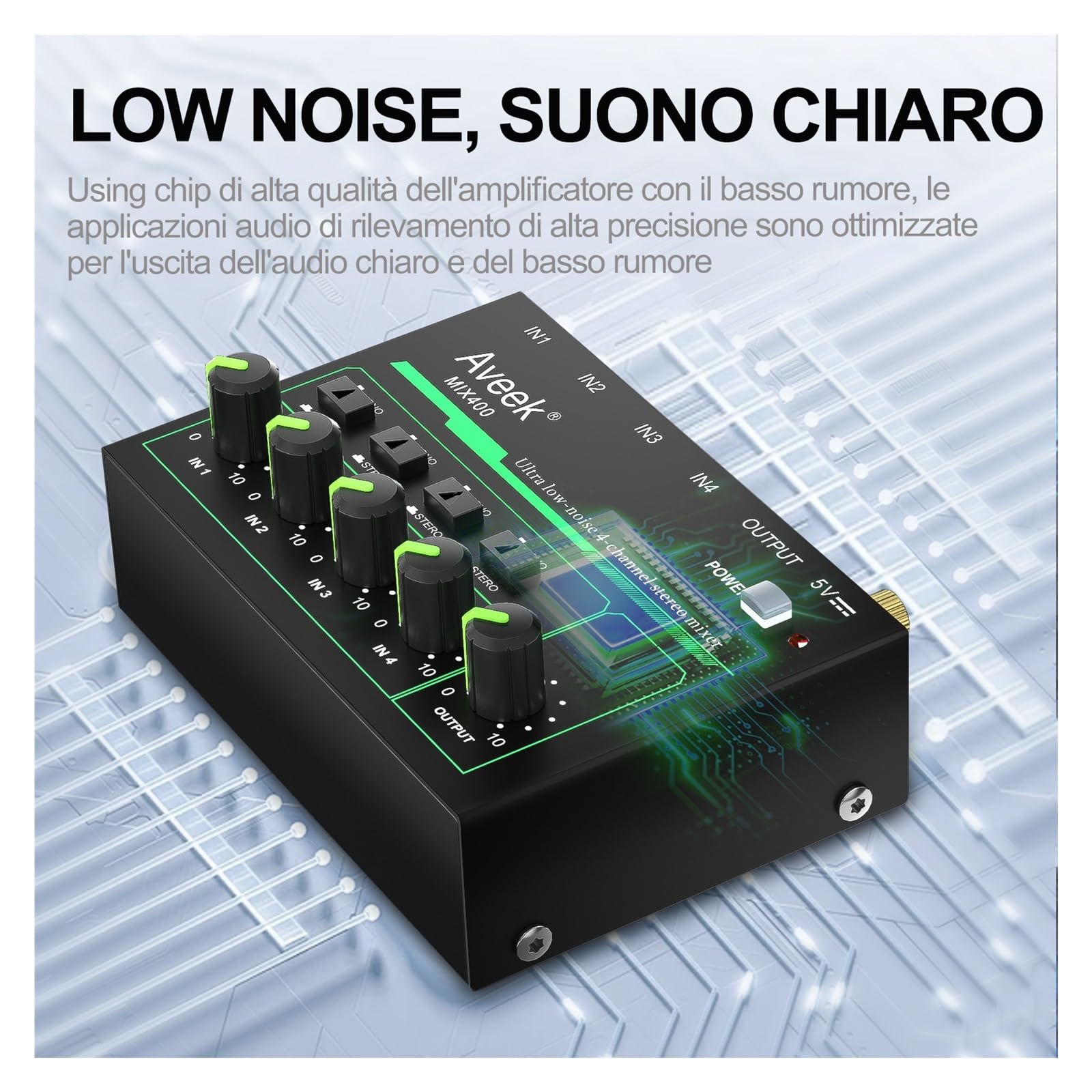 Mikser 4-kanałowy - Mini mikser stereo 4, niski poziom szumów do precyzyjnego miksowania podrzędnego, wejście/wyjście TRS 1/4" dla mikrofonów