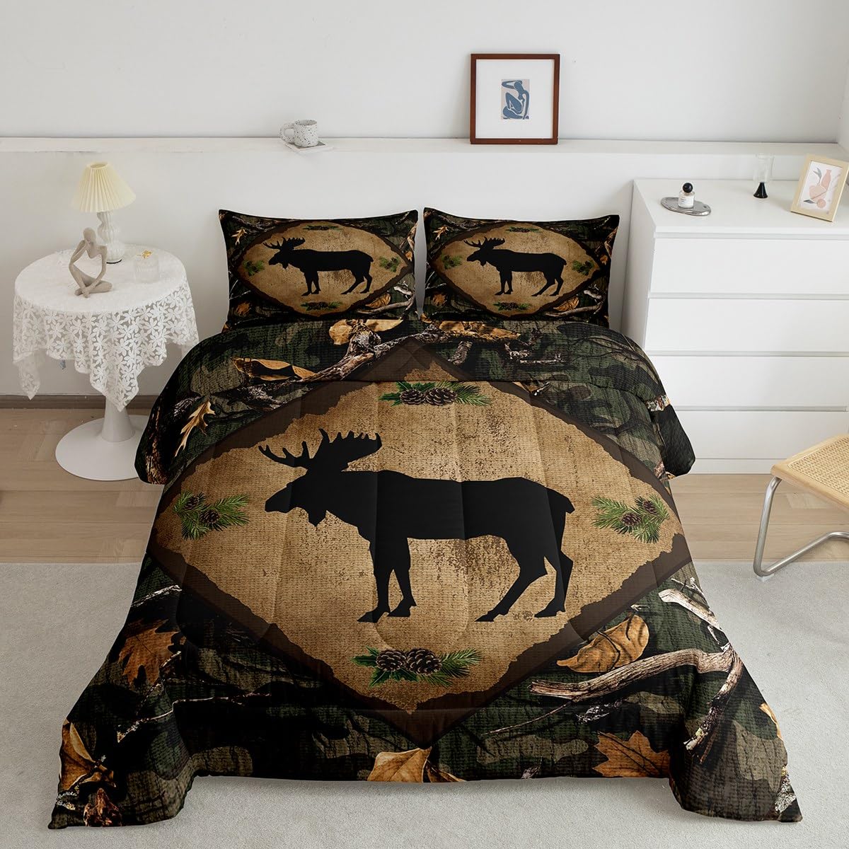HomewishJungle Moose Silhouette Comforter Set Green Camo Botanical Leaves Bedding Comforter for Kids Teens Adults Wild Animal Pine Cones Rustic Style Microfiber Duvet Set with 2 Pillowcases Full Size 3 Pcs