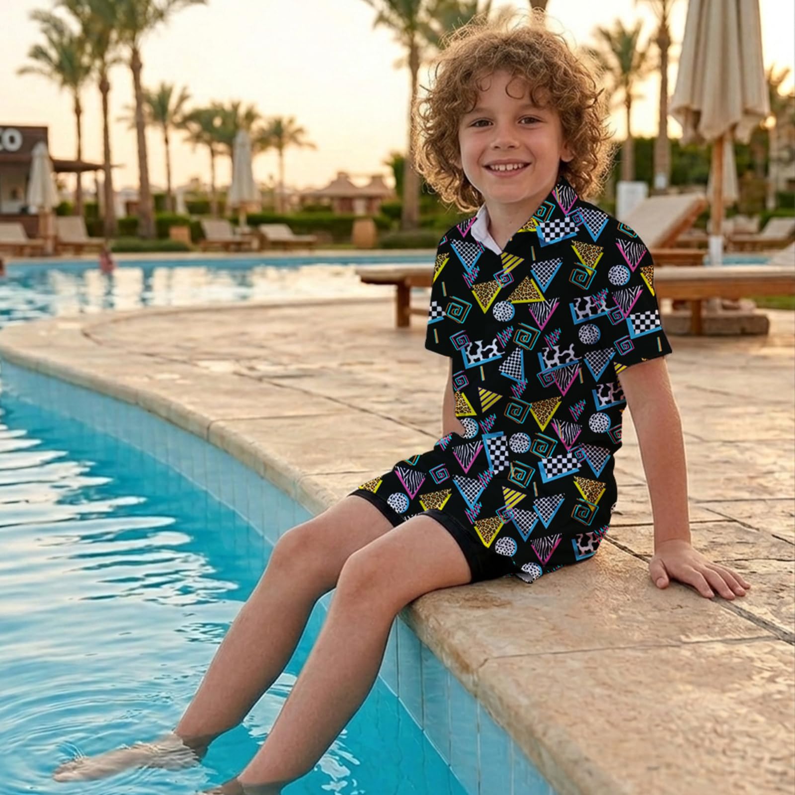 SEA - Conjunto hawaiano de 2 piezas para niños, camisas con botones y forro de compresión para playa y verano