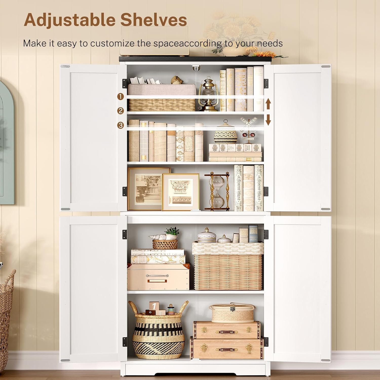TEENFON 58" H Storage Cabinet with Adjustable Shelf, Farmhouse Kitchen Pantry Cabinet, Bathroom Cabinet with 4 Doors, Cupboard for Kitchen, Bathroom, Living Room, White