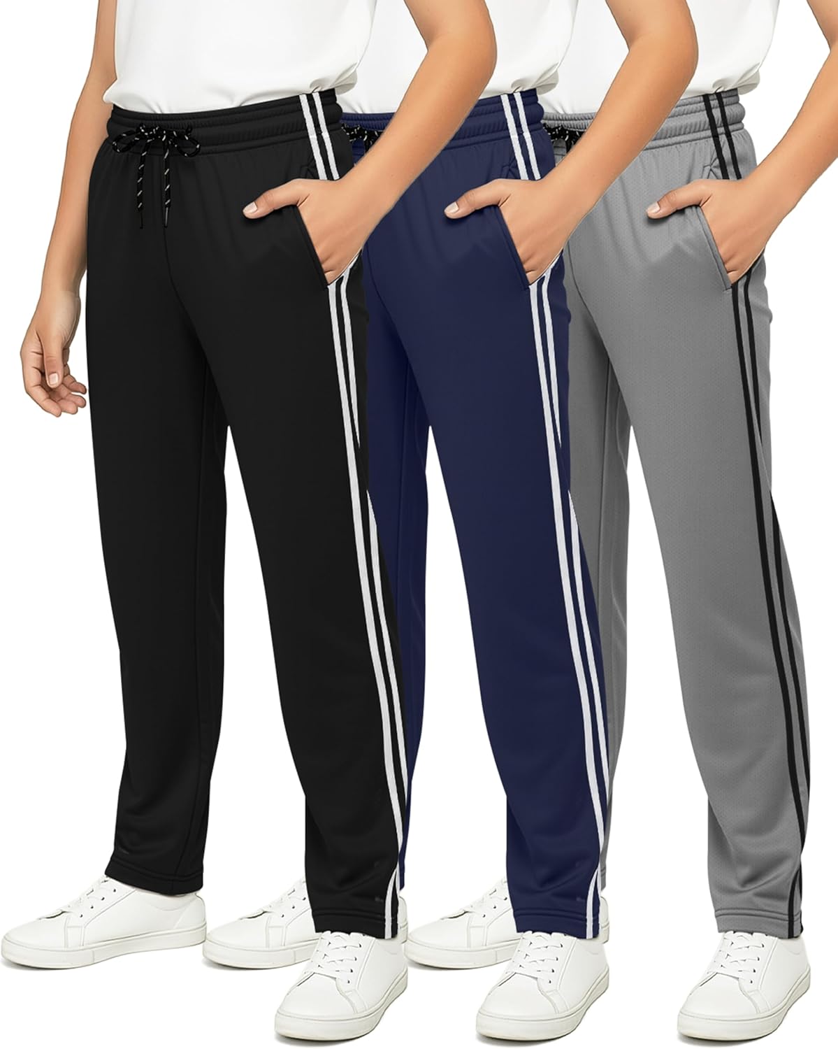 Real Essentials 3 Pack: Boys' Mesh Open Bottom Active Sweatpants with Pockets & Drawstring