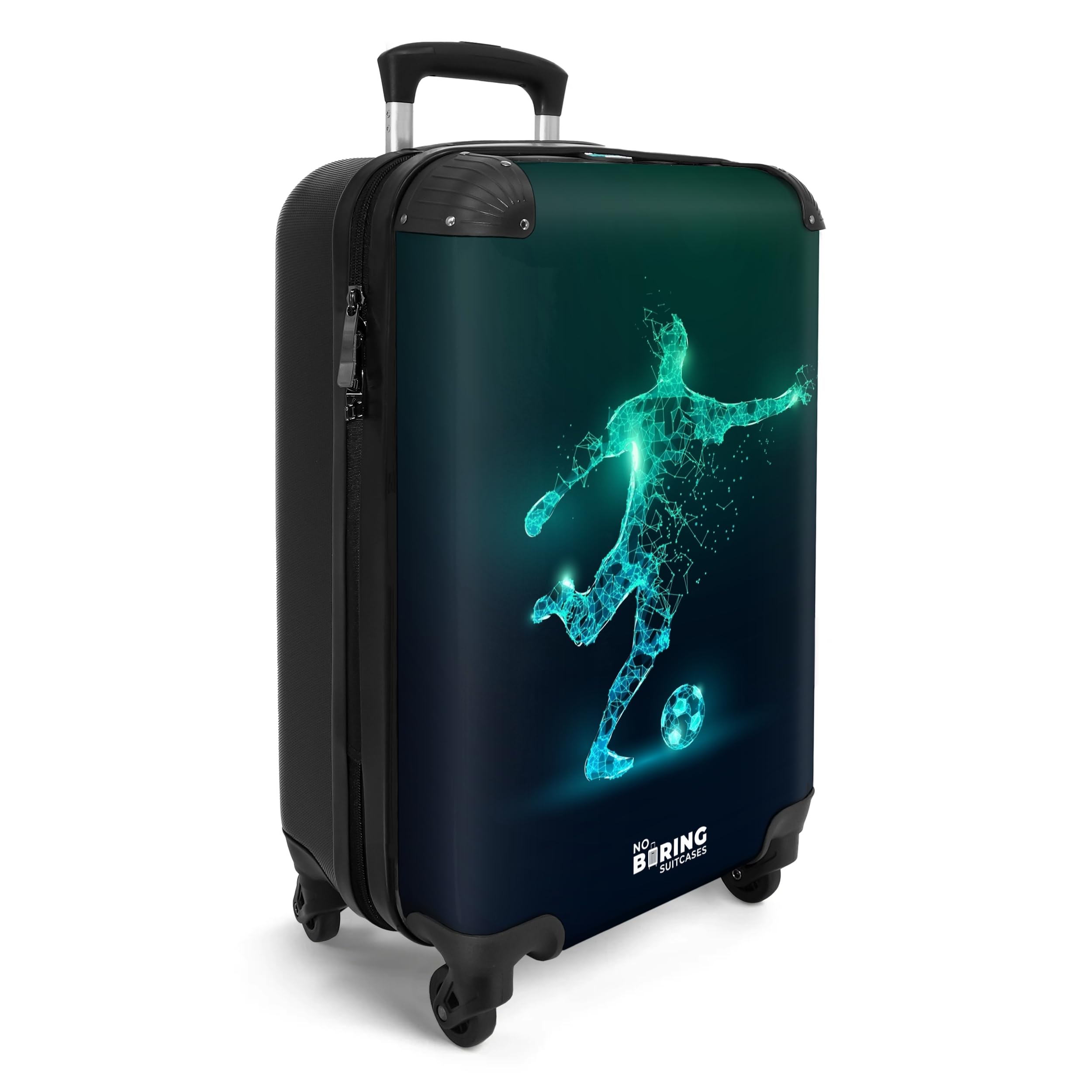 NoBoringSuitcases.com® Handgepäck Koffer Kinder 55x35x20 cm Reisekoffer Kinderkoffer 4 Rollen Leicht Cabin Kindertrolley Reise Hartschalenkoffer Fußball - Blau - Neon