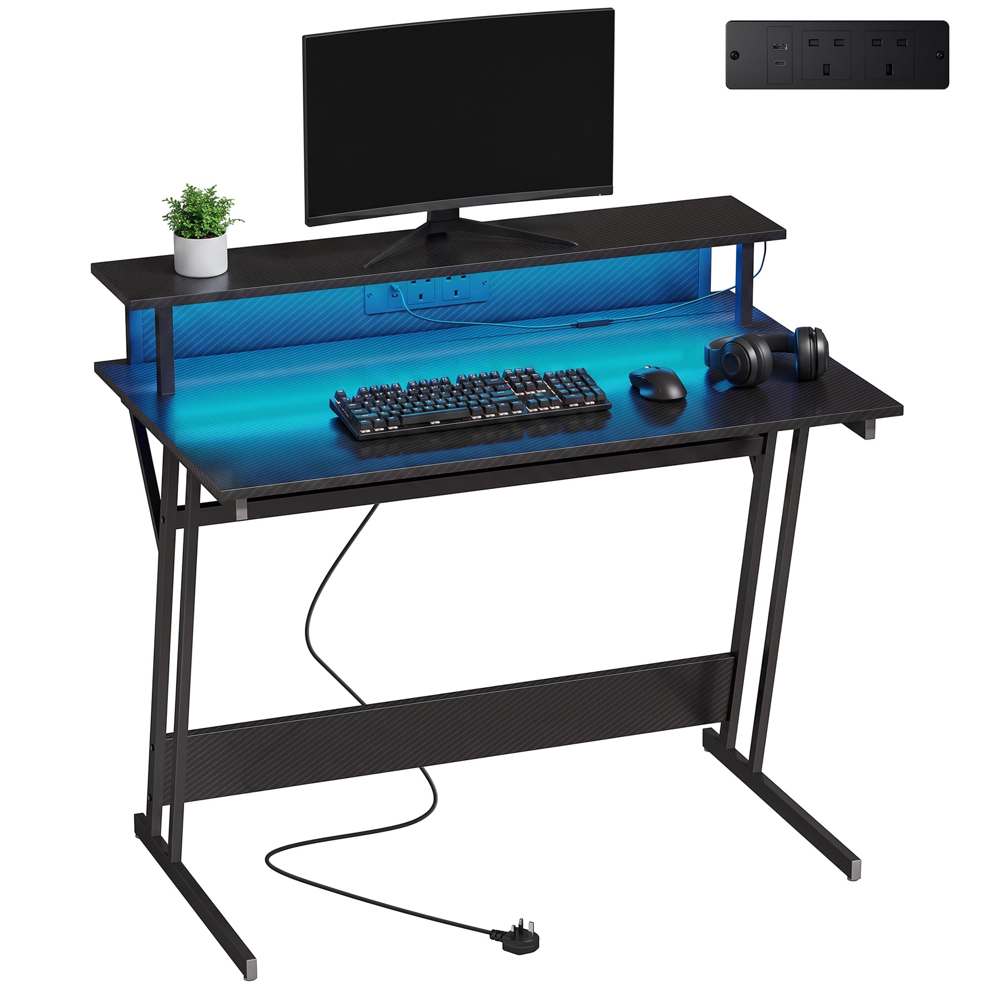 HOMCOM Gaming Desk, LED Lights, Power Outlets, 100x60cm, Black Carbon Fibre | Z Shaped Computer Desk, Monitor Stand, Steel Frame, PC Gaming Table, for Home Office