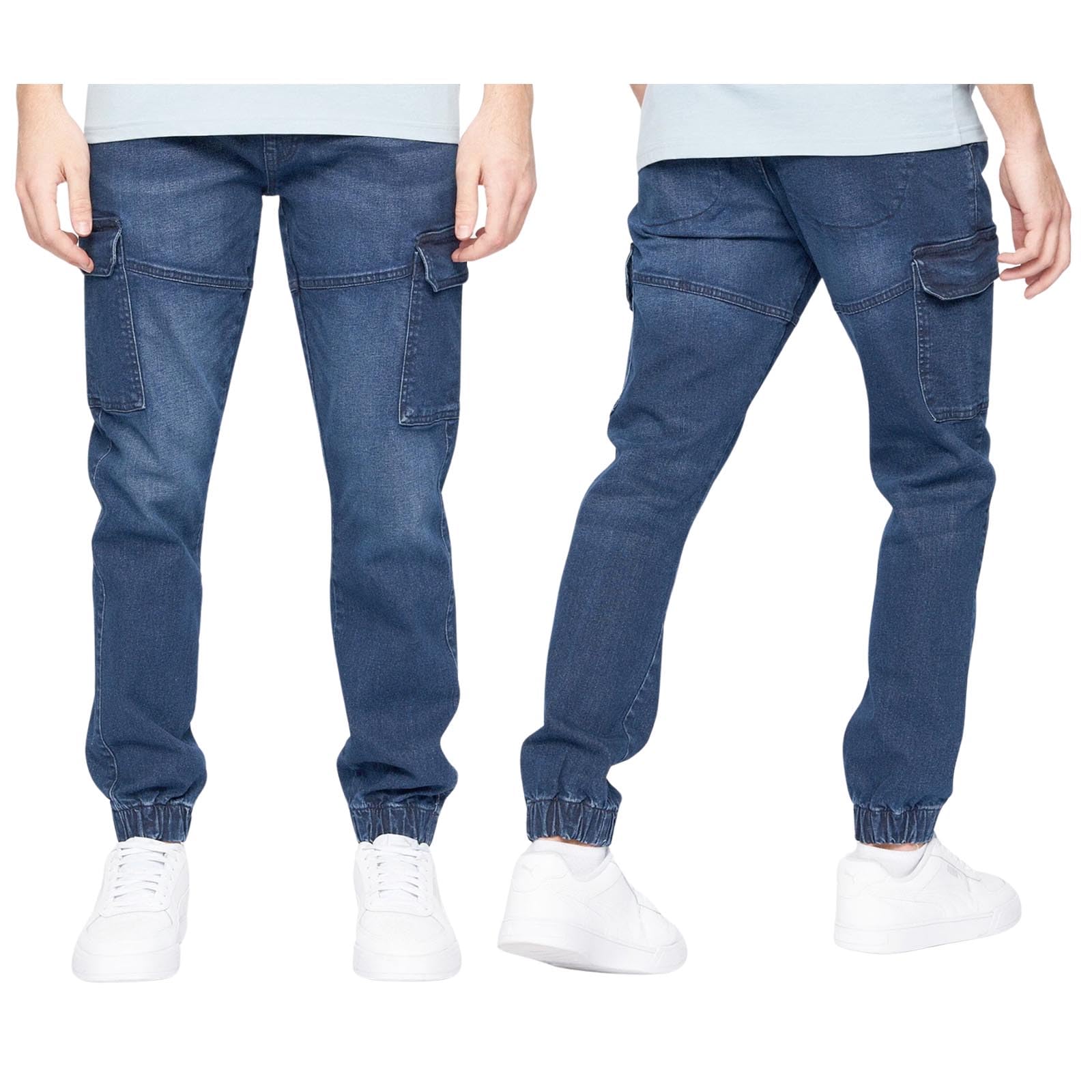 Crosshatch Mens Cargo Stretch Denim Jeans Casual Work Heavy Duty Pants in Straight Leg or Cuffed by Jeanbase Darkwash - Cuffed 38W X 34L