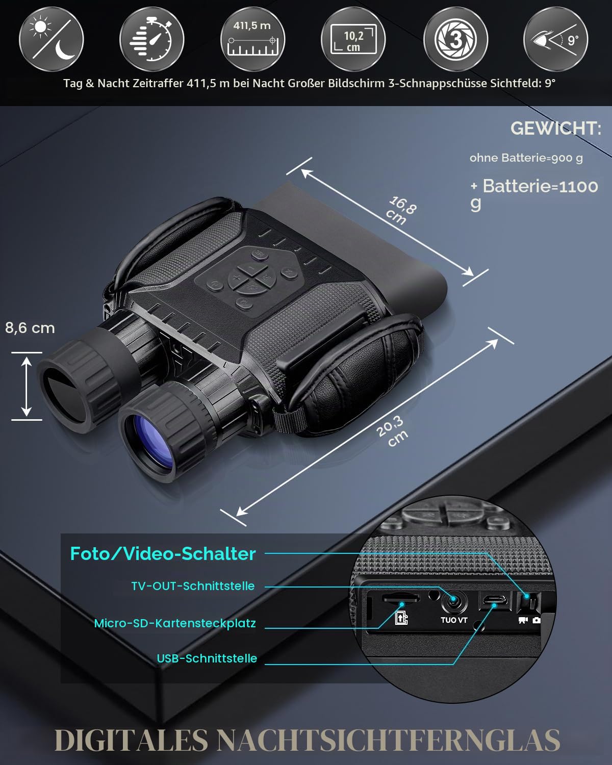 Nachtsichtgerät, IR Nachtsichtbrille Digitale Infrarot-Fernglas Kamera 4" TFT HD LCD WiFi, 1280P Video, 400m Sichtweite für Dunkelheit, 5X Digitalzoom zum Aufspüren