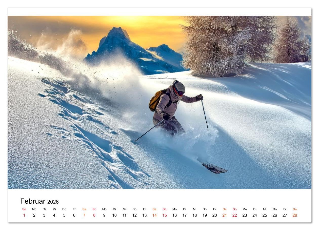 Skifahren - endlich Schnee (hochwertiger Premium Wandkalender 2026 DIN A2 quer), Kunstdruck in Hochglanz: Den Winter zwölf Monate lang genießen. (CALVENDO Sport)