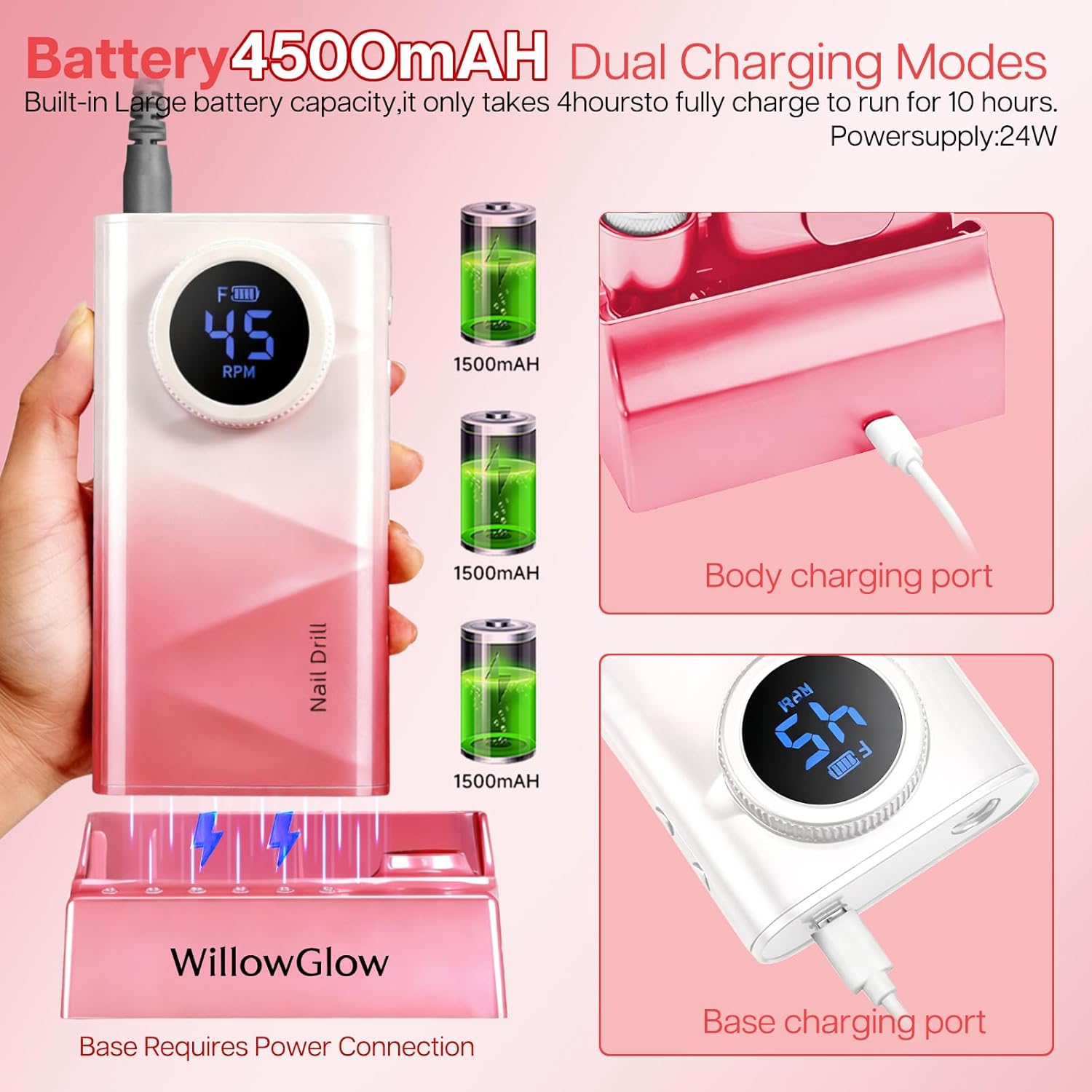 Nail Drill 45000 RPM with Charging Dock, Professional Efile Kit for Acrylic Gel Removal, Electric Nail File Machine with Ceramic & Tungsten Bits, for Home Salon Use