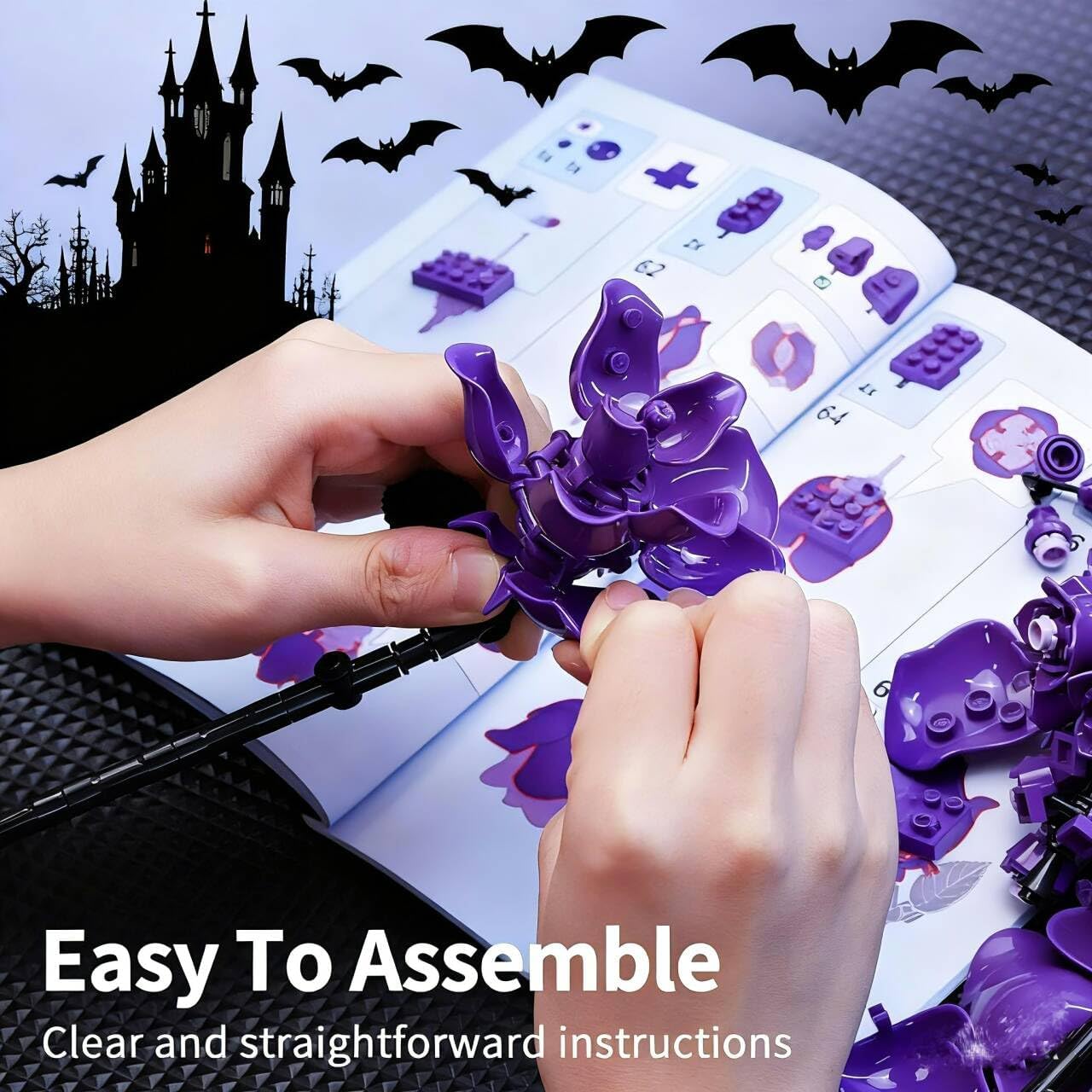 Purple Roses Bouquet Building Set, 882PCS Compatible with Lego Artificial Flower Everlasting Gothic Roses for Home Décor, Gift for Halloween Romantic Valentine’s Day, Mother’s Day, Anniversary