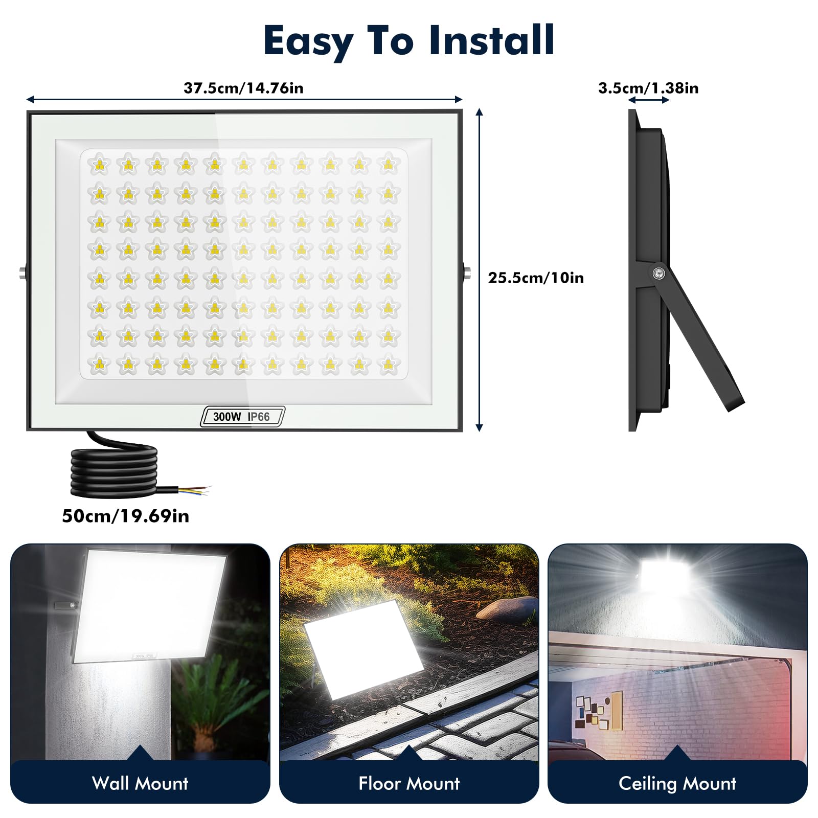 Viugreum 300W Security Light, 30000LM Led Floodlight 6500K Daylight White, IP66 Waterproof Outside Flood Lights Mains Powered - Image 2