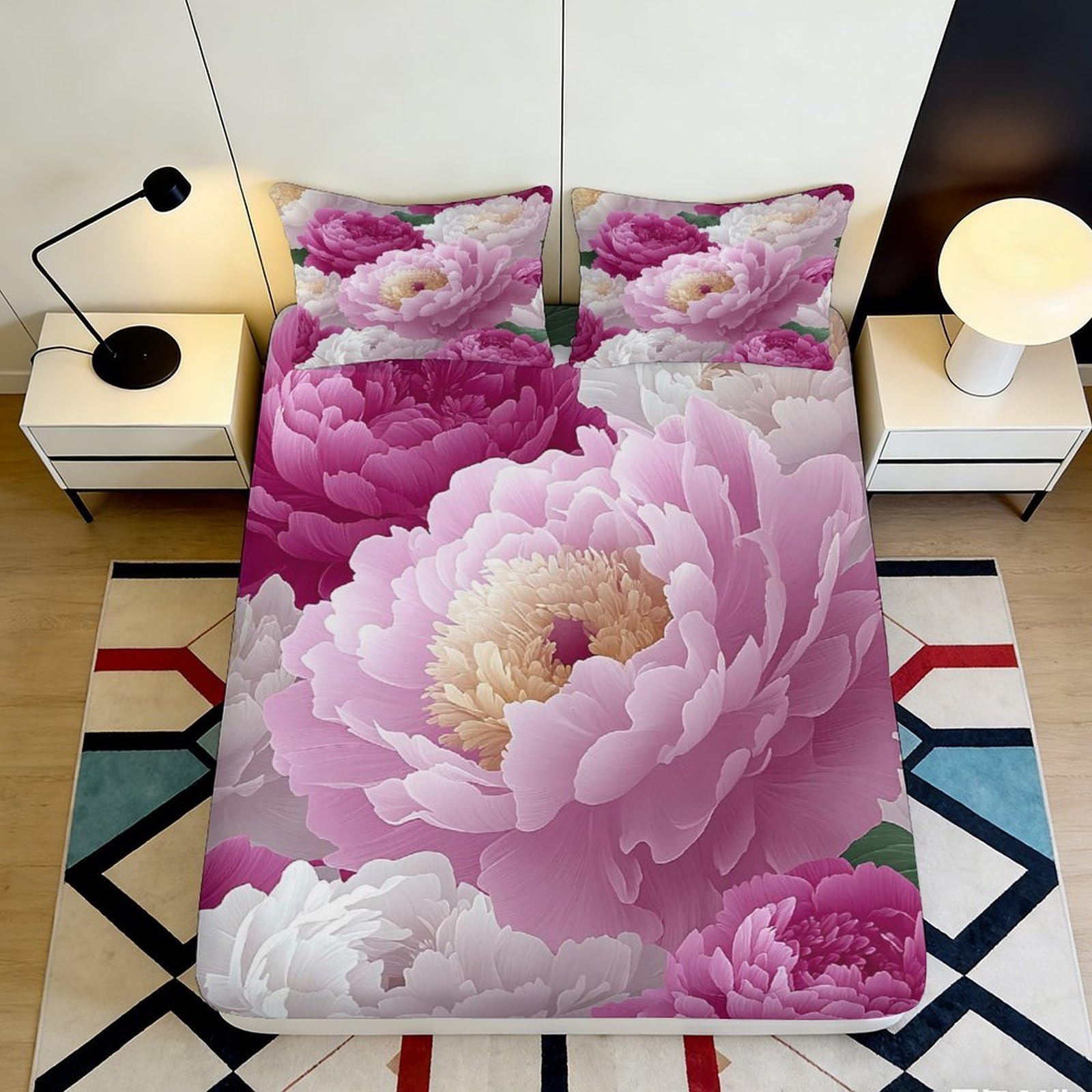 3D Printed Peony Blossom Fitted Sheet Microfiber Pink Floral Bed Cover for Bedroom Decor Machine Washable 90x200x25cm