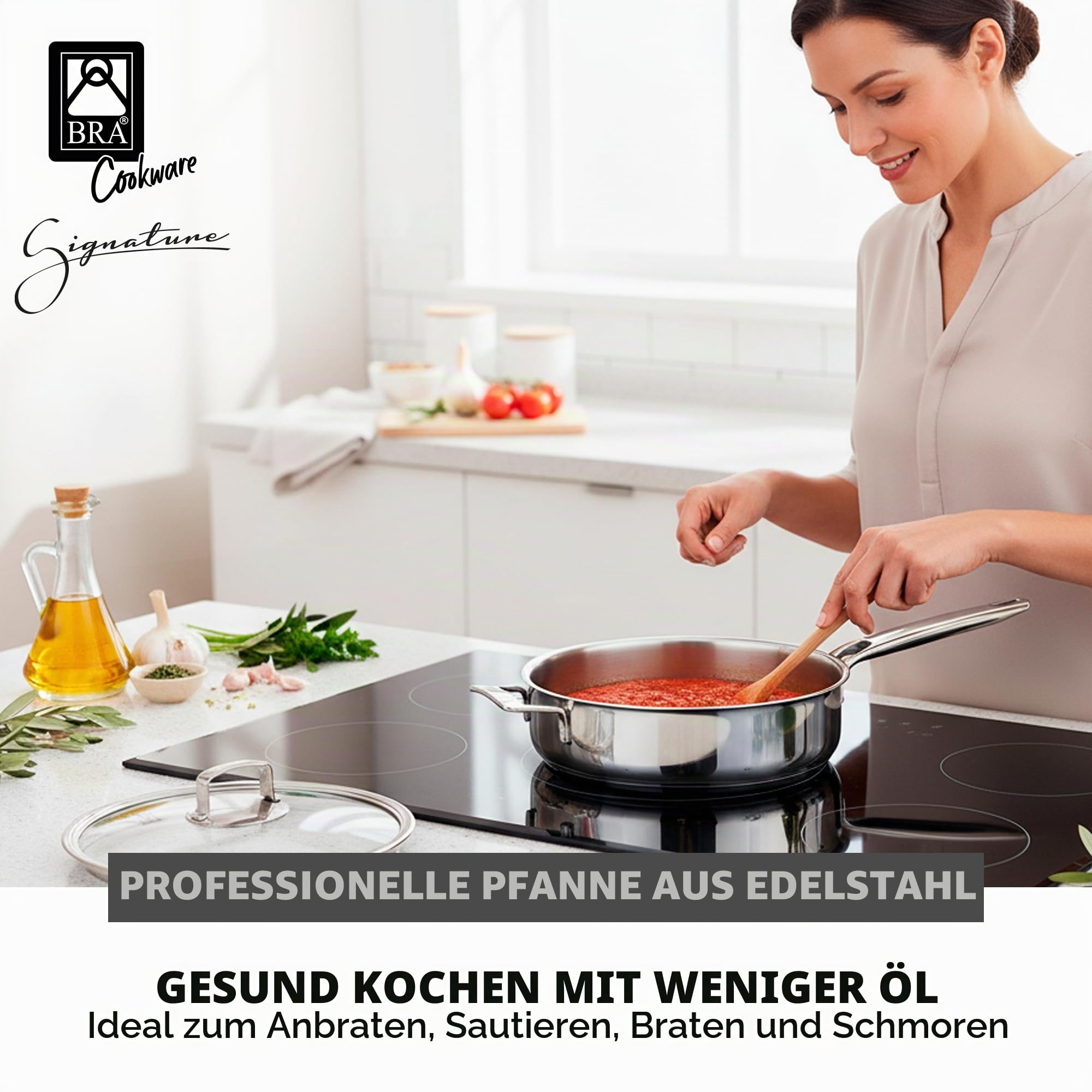 BRA Signature | Schmorpfanne 28 cm, Edelstahl 18/10, Mit Glasdeckel