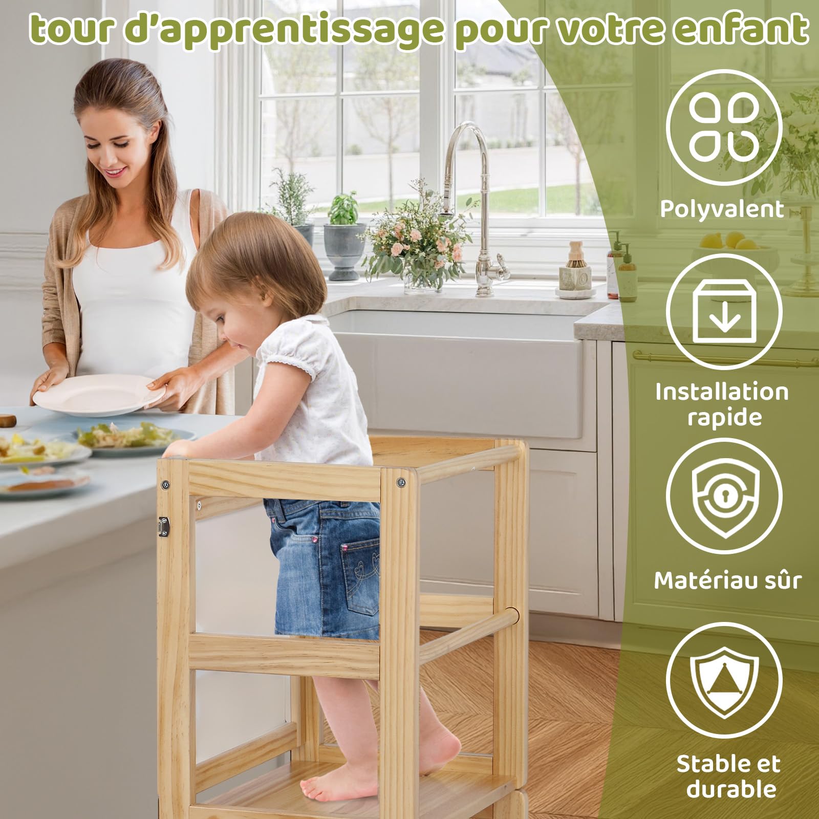 Tour d'Observation Enfant Bonnlo, Tour d'Apprentissage en Bois Montessori pour Enfants à partir de 18 Mois (Nature)