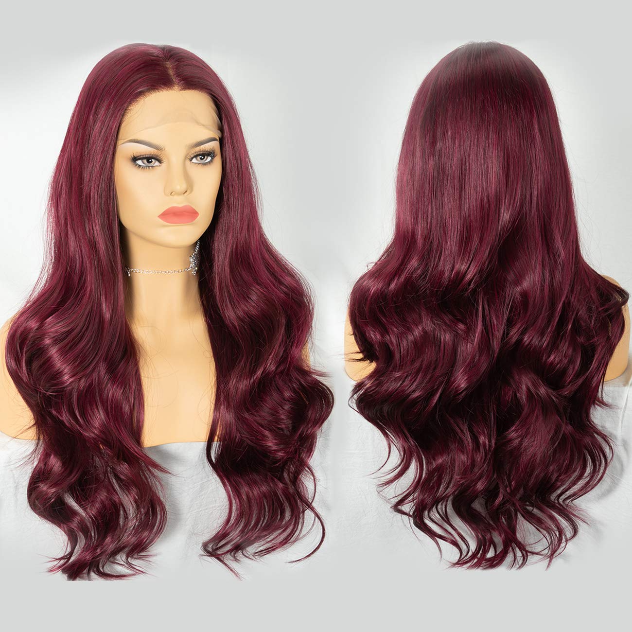 Cosswigs Burgundy Lace Front Wig Natural Long Wavy Red Synthetic Wig for Women Middle Part Heat Resistant Fiber #99J Heat Resistant 24inches(61cm)