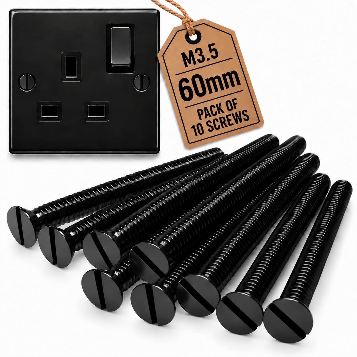 M3.5 x 60mm Black Flat Head Electrical Machine Screws - Pack of 10
