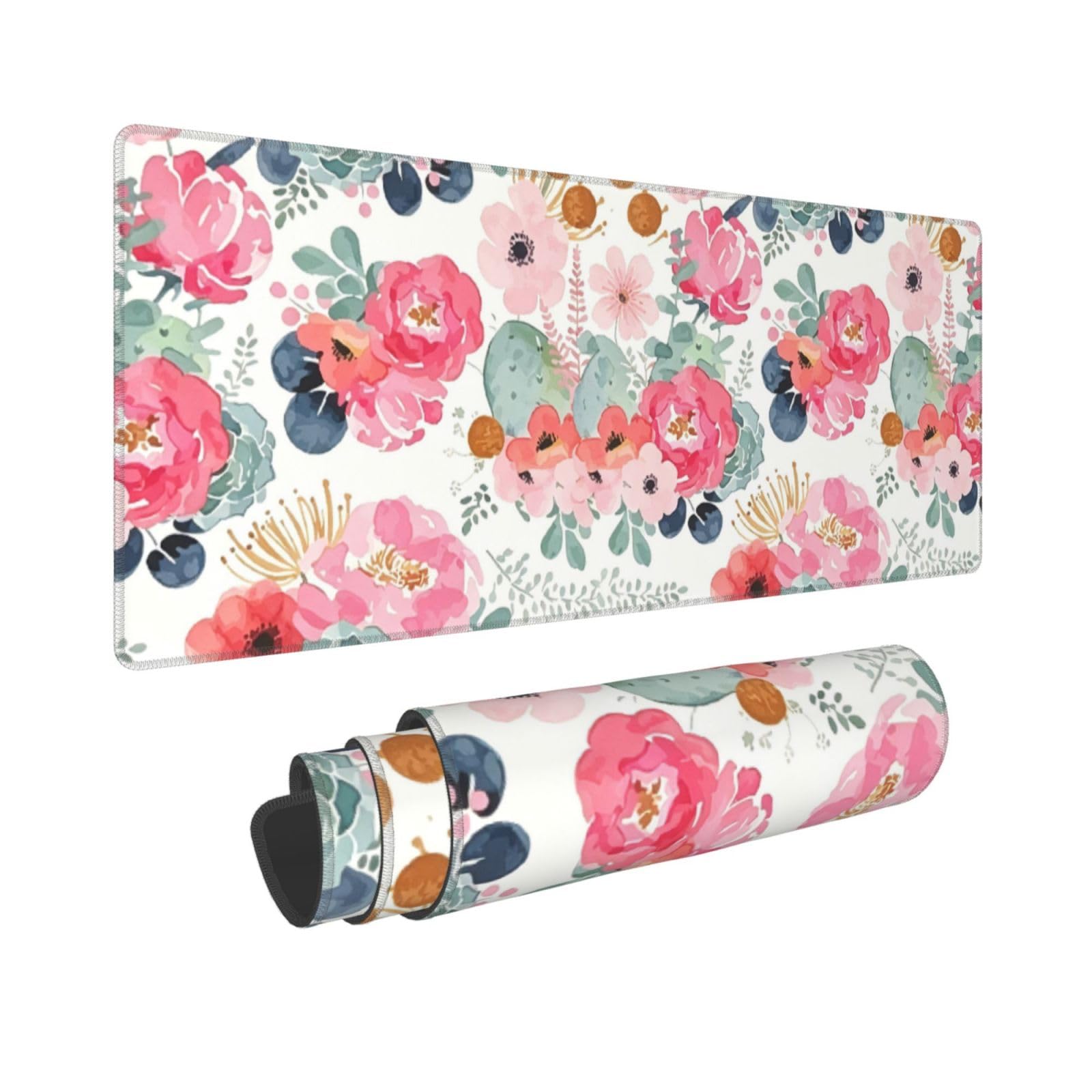 Long Gaming Mouse Pad for Home and Office (Pink Floral)