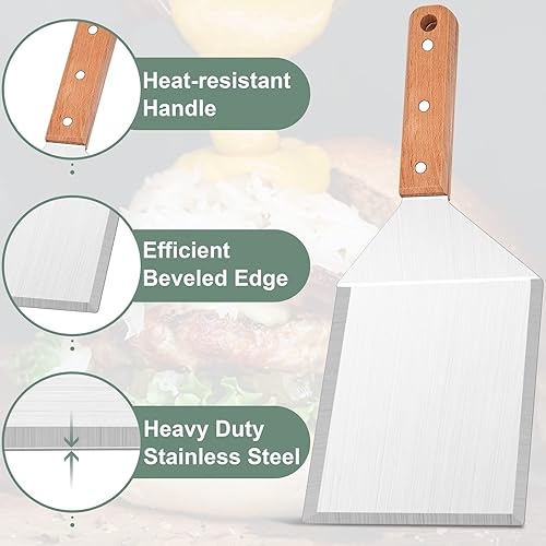 Miniatura 4 de Leonyo Juego de 8 espátulas para plancha, espátulas de metal de acero inoxidable para parrilla Teppanyaki de hierro fundido, barbacoa, utensilios