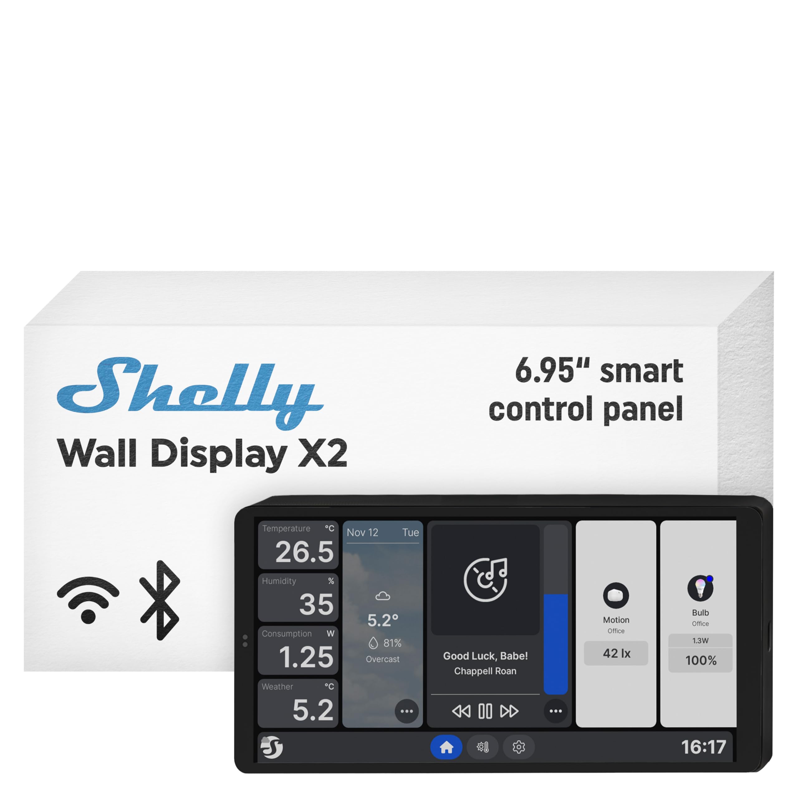 Shelly Shelly Wall Display Single, Schwarz, WLAN 6.95" Smart-Home-Display, Smart Control Panel, Integriertes 5-A-Relais, Farbbildschirm, Personalisierter Startbildschirm, Thermostat, Raumverwaltung