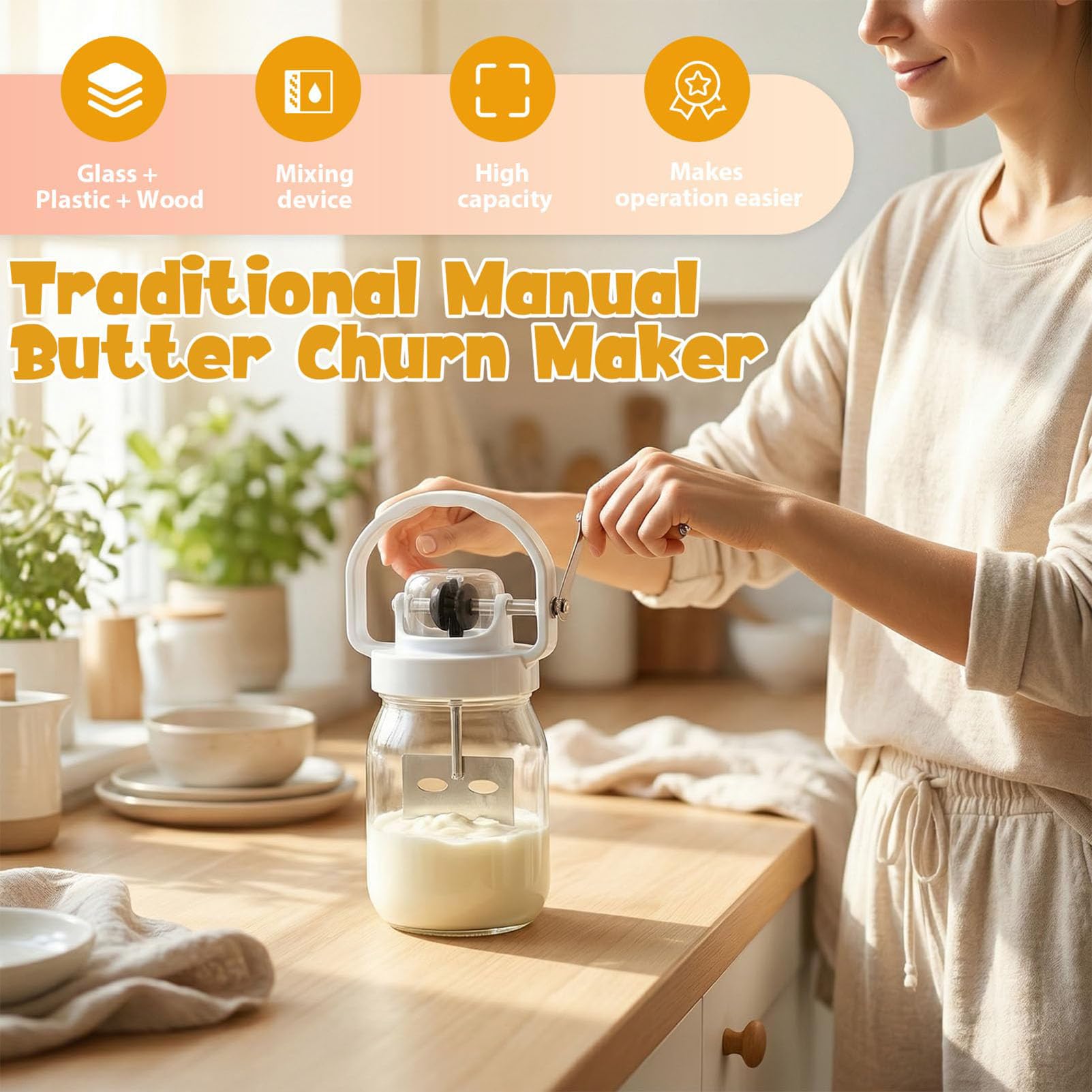 Batidora manual de mantequilla clásica de 1,5 l con mango de madera y tarro de vidrio, herramienta de manivela para cocina y hornear
