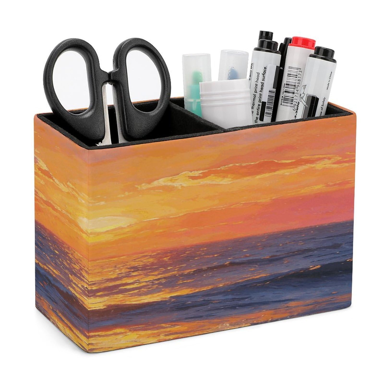 LZQPOEAS Oceanic Sunset Pen Holder Double Compartments Pen Cup Makeup Brush Holders Leather Pencil Holder Locker Organizer for Work Locker Accessories Modern Pencil Cup for Desk