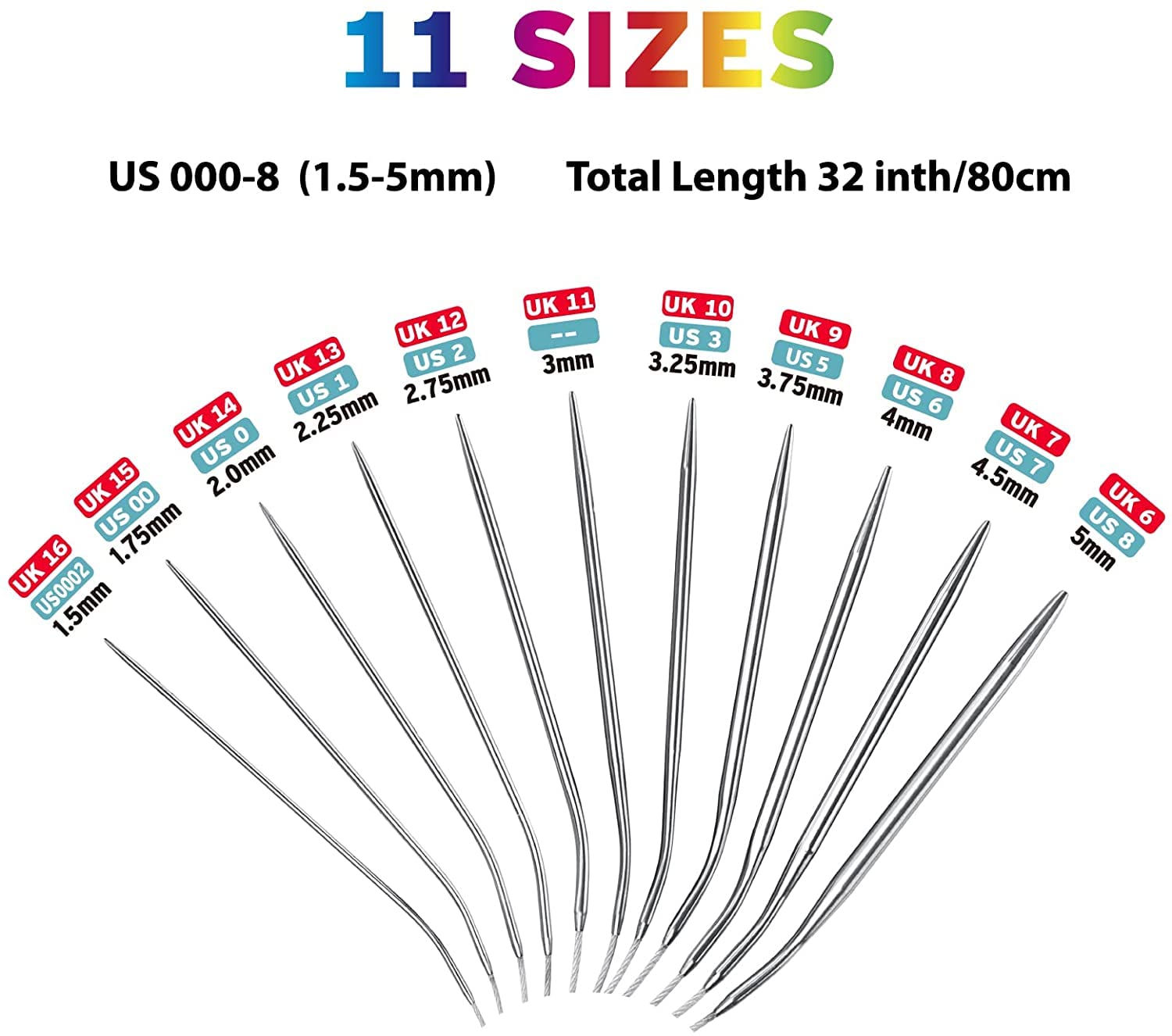 Aiguilles Circulaires Tricot,Aiguille A Tricoter Ensemble 80 Cm Acier Inoxydable,11 Tailles 1,5 à 5 Mm Double Pointe Flexible Pour Chaussettes,Pulls