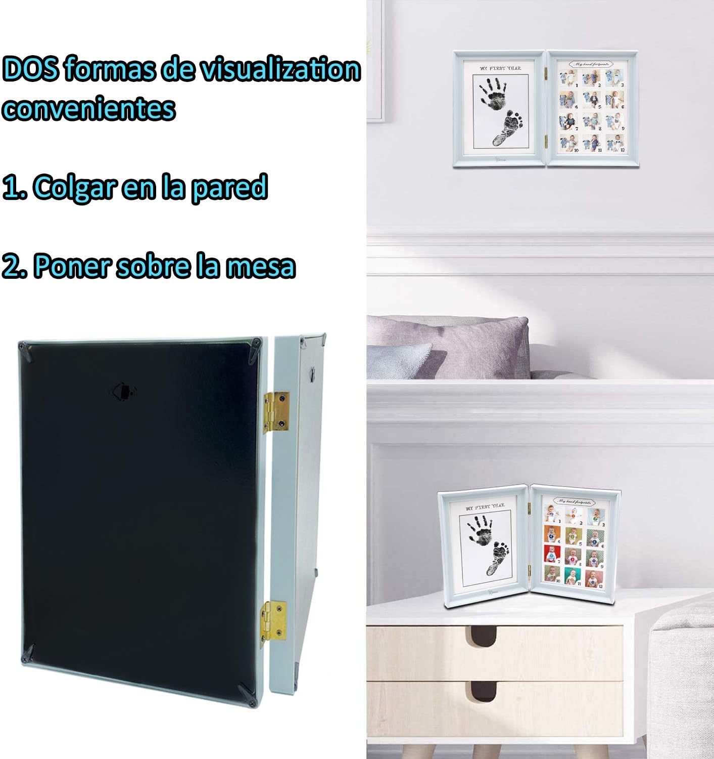 Ideal Decoration Ou Cadeau De Baby Shower Bleu Souvenir De La Premiere Annee Cadre Dempreinte Avec Cadres Photos De 12 Mois Set De Cadre Photo Double Et Empreintes De Bebe En Encre