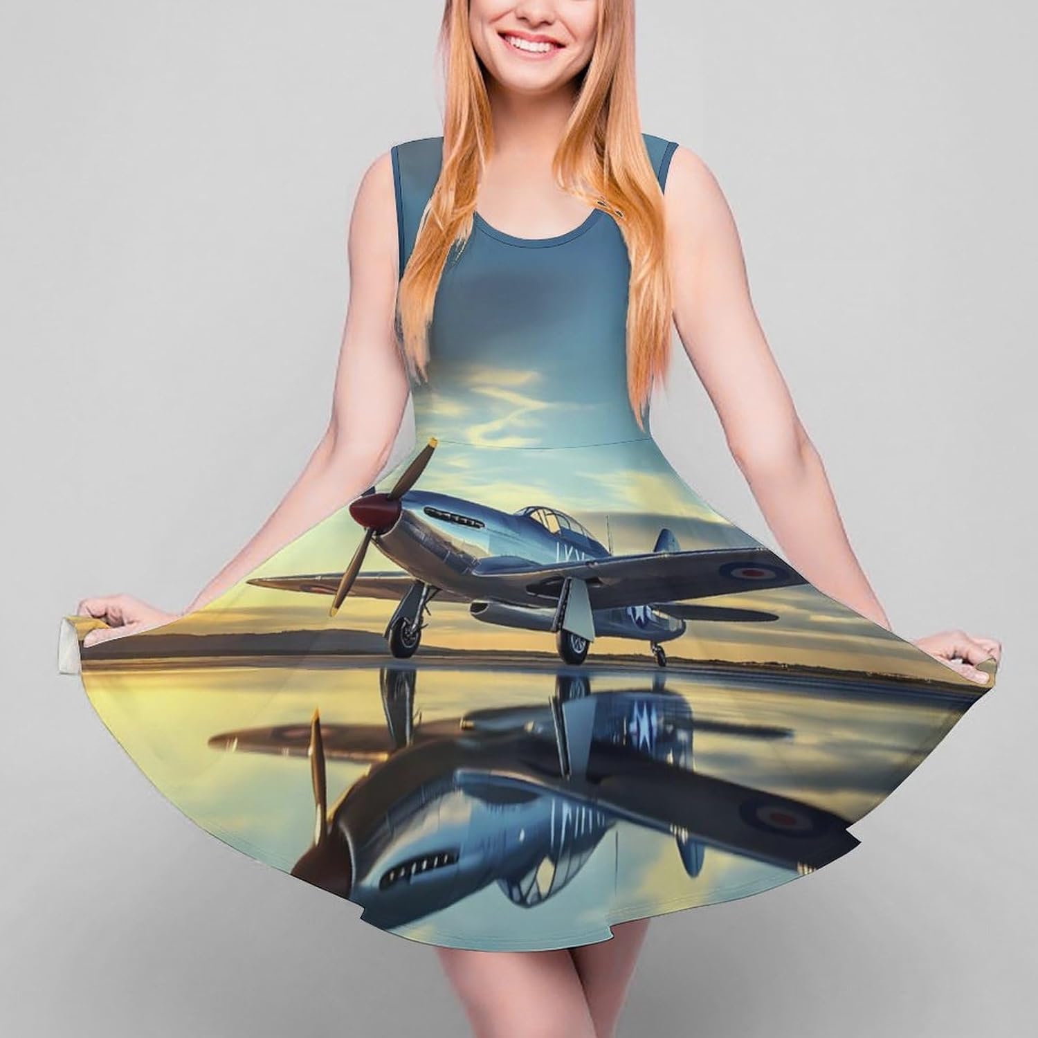 Airplane Vintage Aviation Fighter Women's Dresses Round Neck Dress Sleeveless Tank Dress Ruffle Hem Sundress