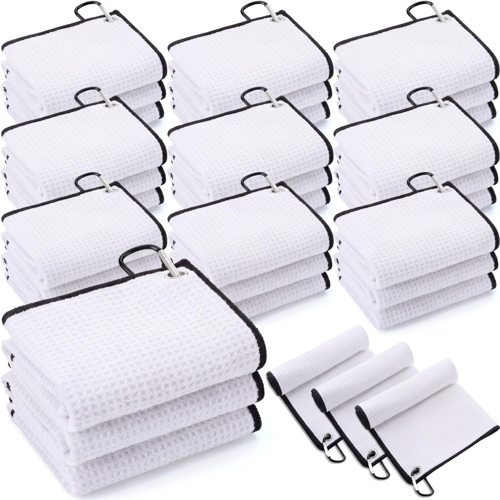 Batiyeer 30 Pcs Bulk Golf Towels for Golf Bags 16'' x 16'' Microfiber Fabric Golf Towel with Clip Waffle Pattern Golf Towel for Golf Bags Mini Golf Tournament Fitness Yoga Camping(White)