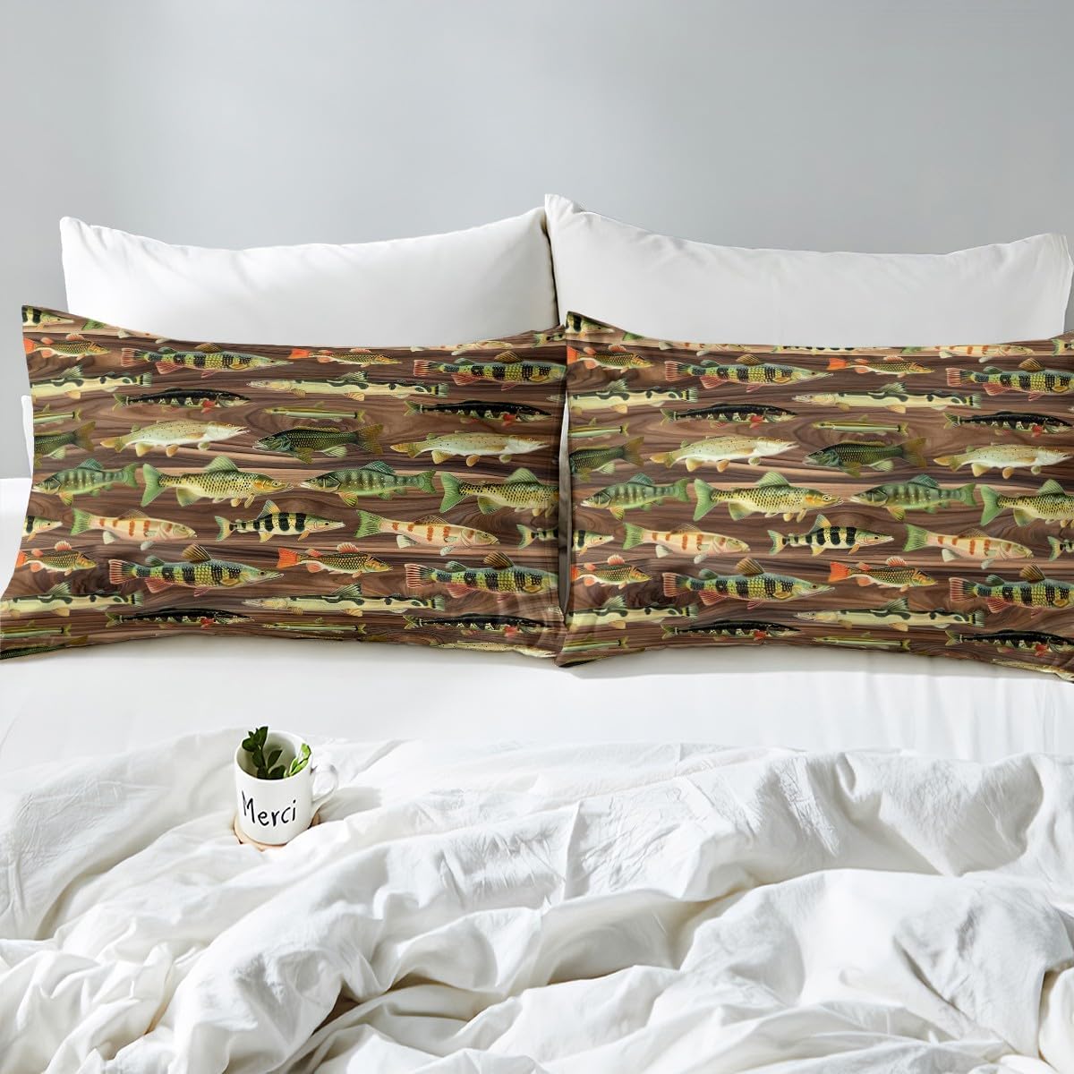 Feelyou Bass Fish Bed Sheets Set Full Size Fishing and Hunting Fitted Sheet Brown Wood Plank Decor Bedding Set, 1 Fitted Sheet + 1 Flat Sheet + 2 Pillowcases