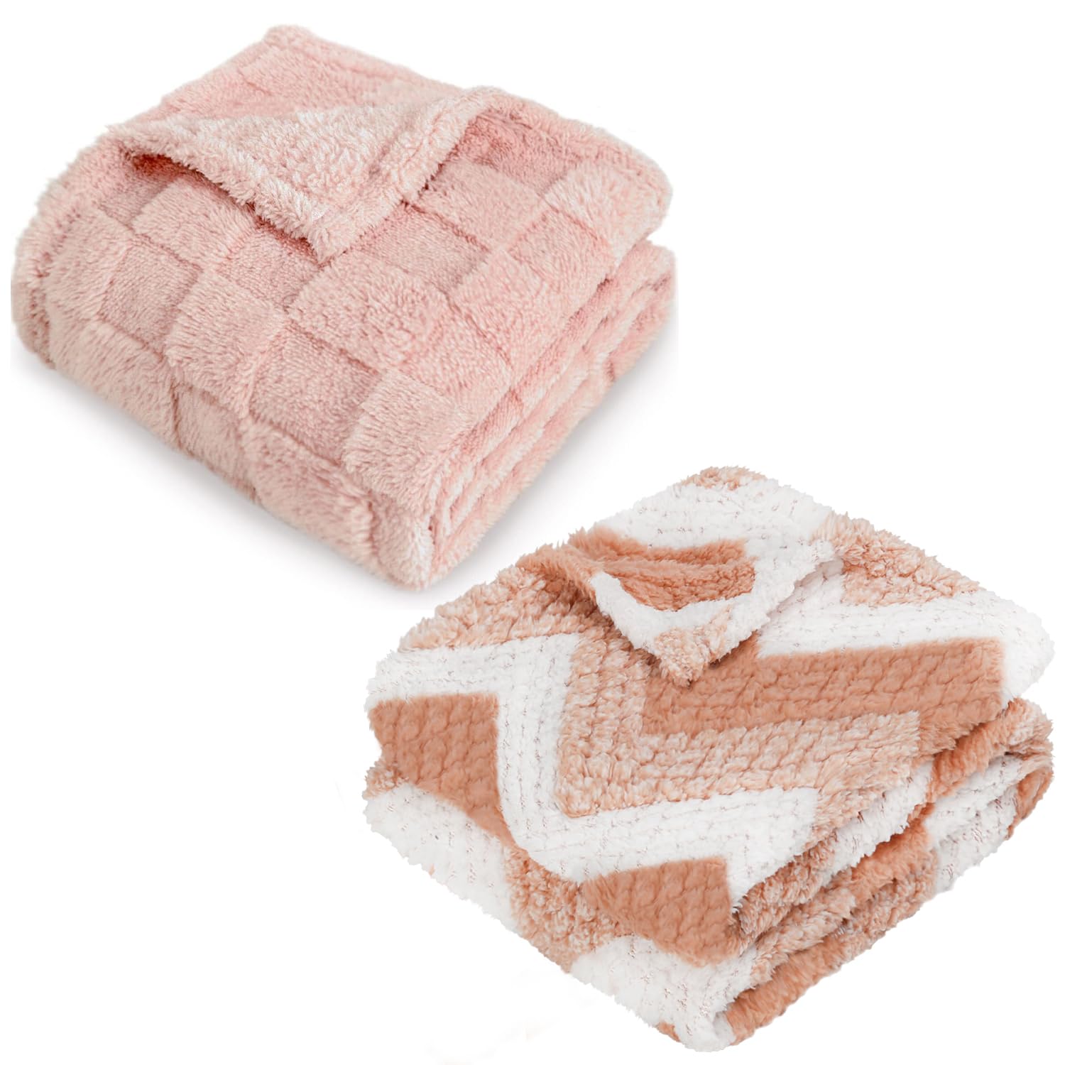 HOMRITAR 2 Pack 3D Gingham Fleece Baby Blanket Pink + Soft Fleece Fluffy Toddler Blanket with Chevron Pattern Orange 30 x 40 Inch