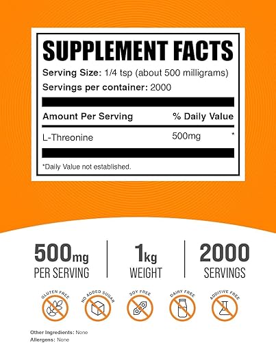 Miniatura 2 de BULKSUPPLEMENTS.COM L-treonina en polvo  Suplemento de L-treonina, L treonina 500 mg  Suplemento amino amino para piel y articulaciones, sin gluten