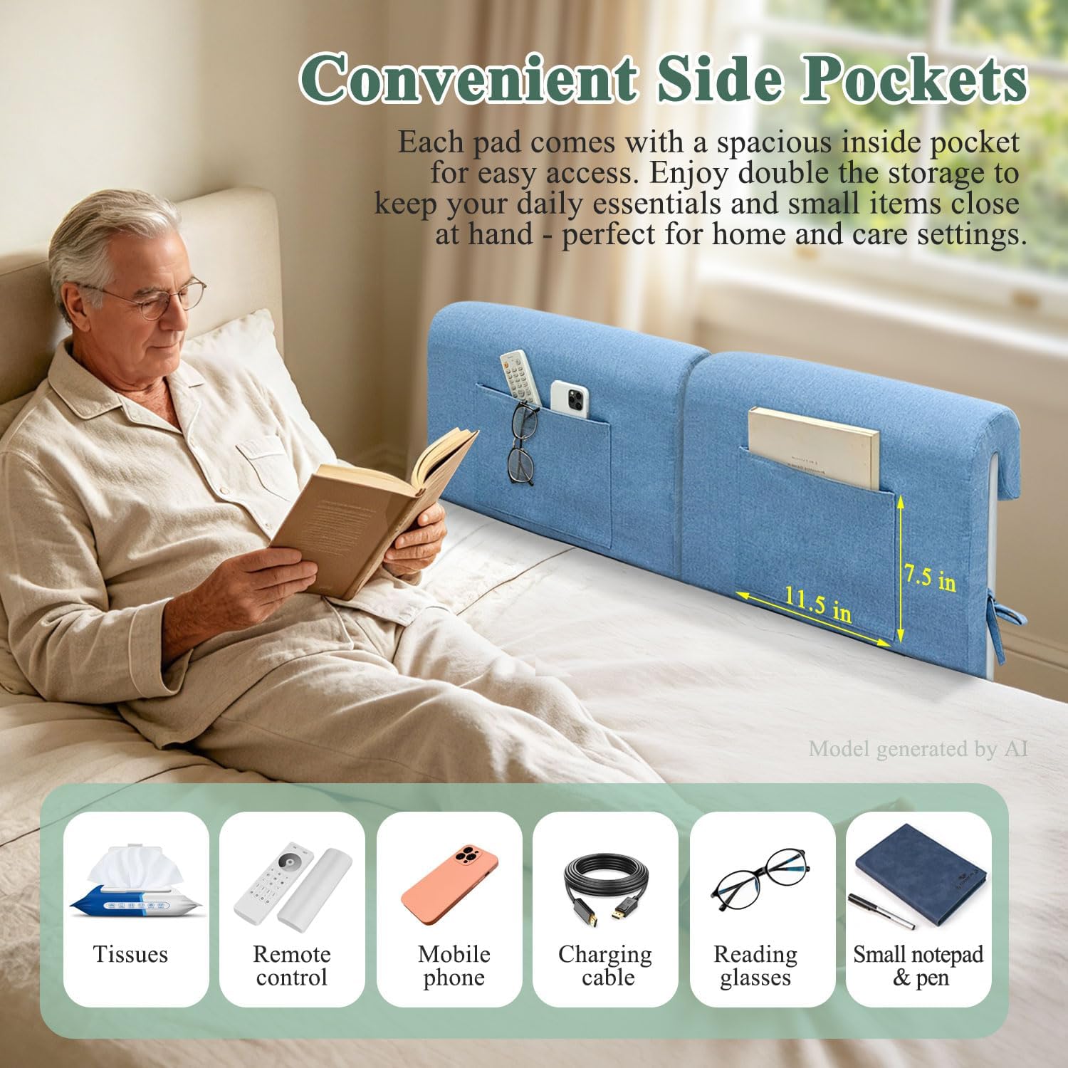 Bed Rails Pads Cover for Elderly Adults Safety, Soft Bed Guard Rail Bumpers Pad Covers for Hospital, Padded Covers for Bed Side Rails, Foam Cushion Warps with Storage Pockets (2 Count)