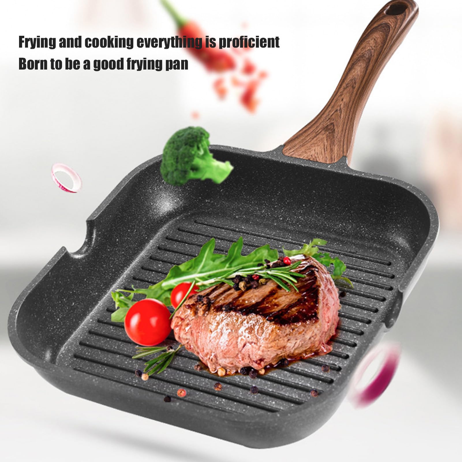 Oumefar Griglia per Piani Cottura Padella Quadrata a Induzione in Alluminio Bistecca Piastra per Friggere Fornello Domestico per Pancetta Cipolla (24 cm)